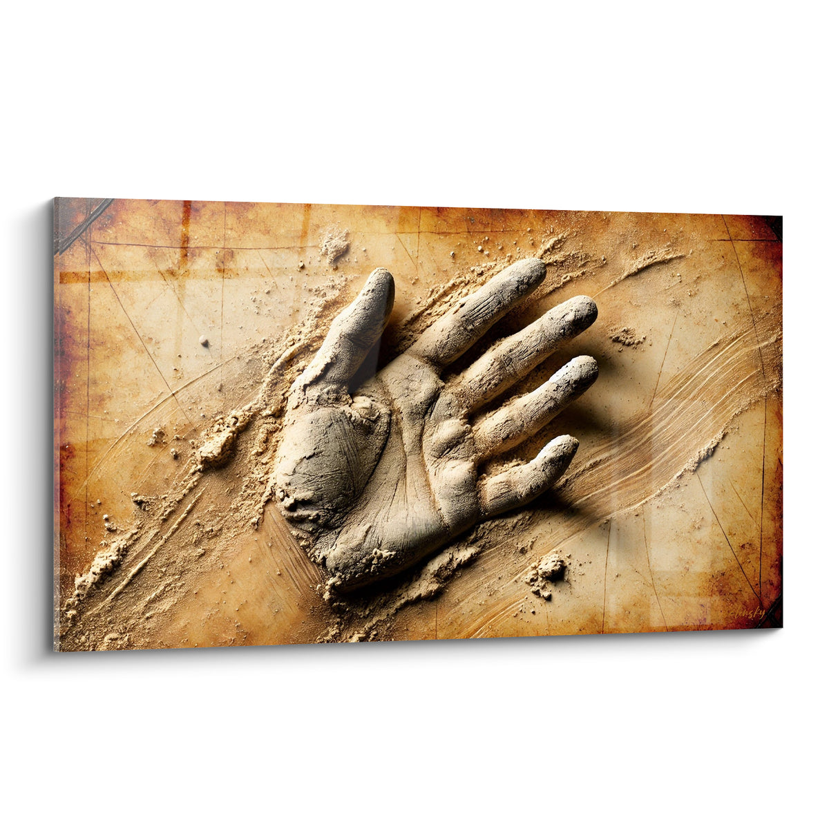 Main sculptée en sable ocre et brun, paume ouverte, texture granuleuse minérale sur fond craquelé