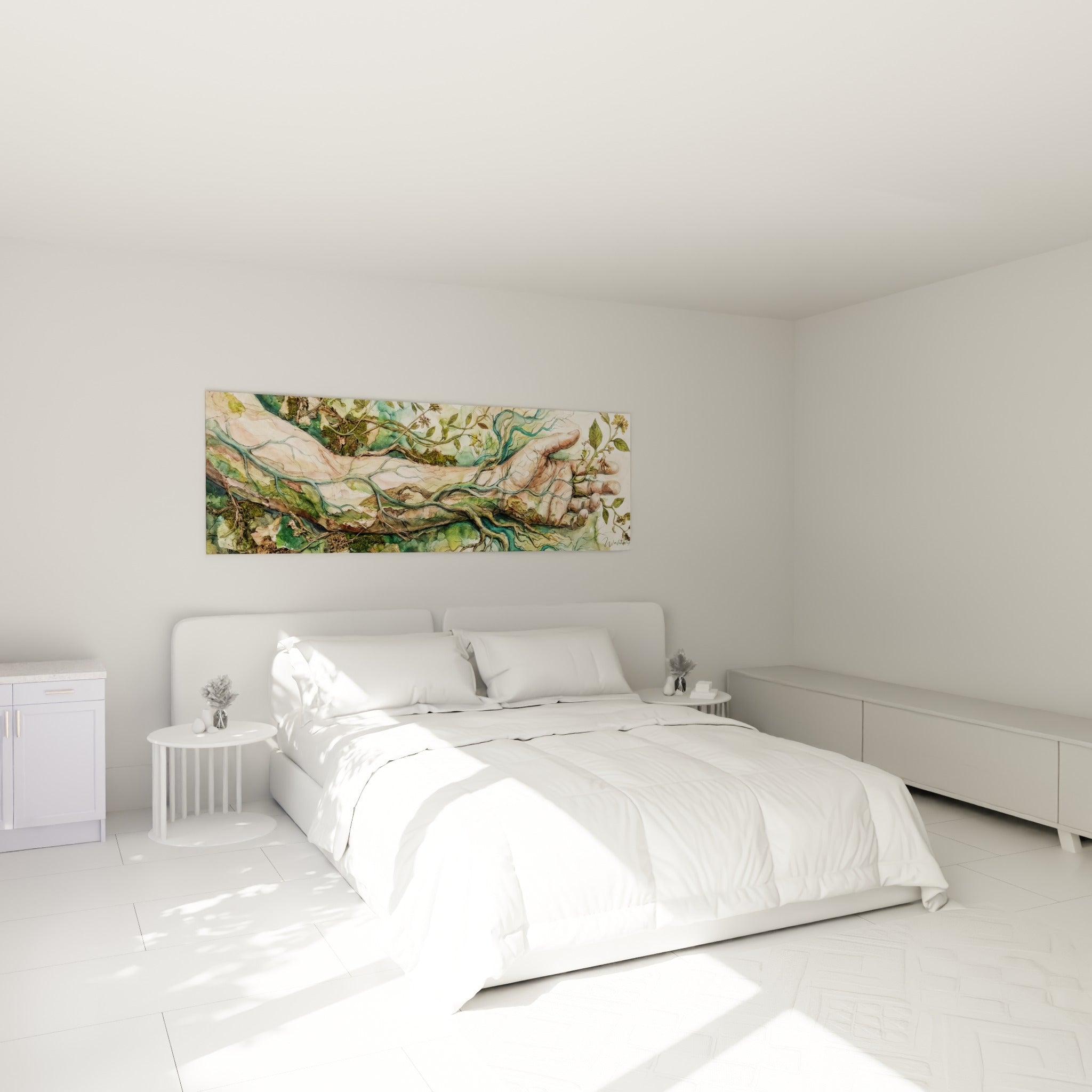 Racines vertes et roses de ce corps abstrait accrochées au-dessus d'un lit dans une chambre claire