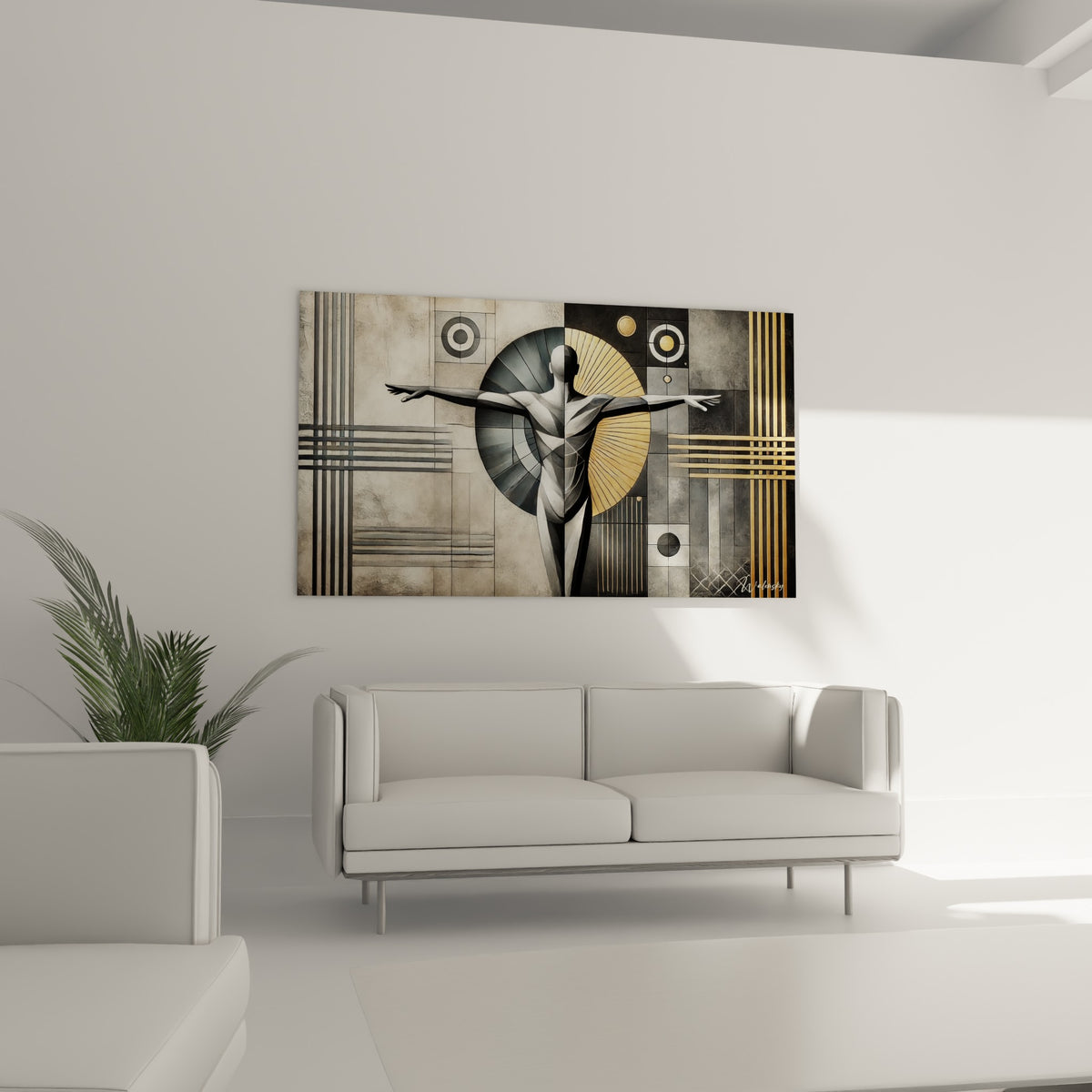 Figure ivoire aux bras ouverts et motifs dorés au-dessus d'un canapé dans un salon lumineux, Corps abstrait