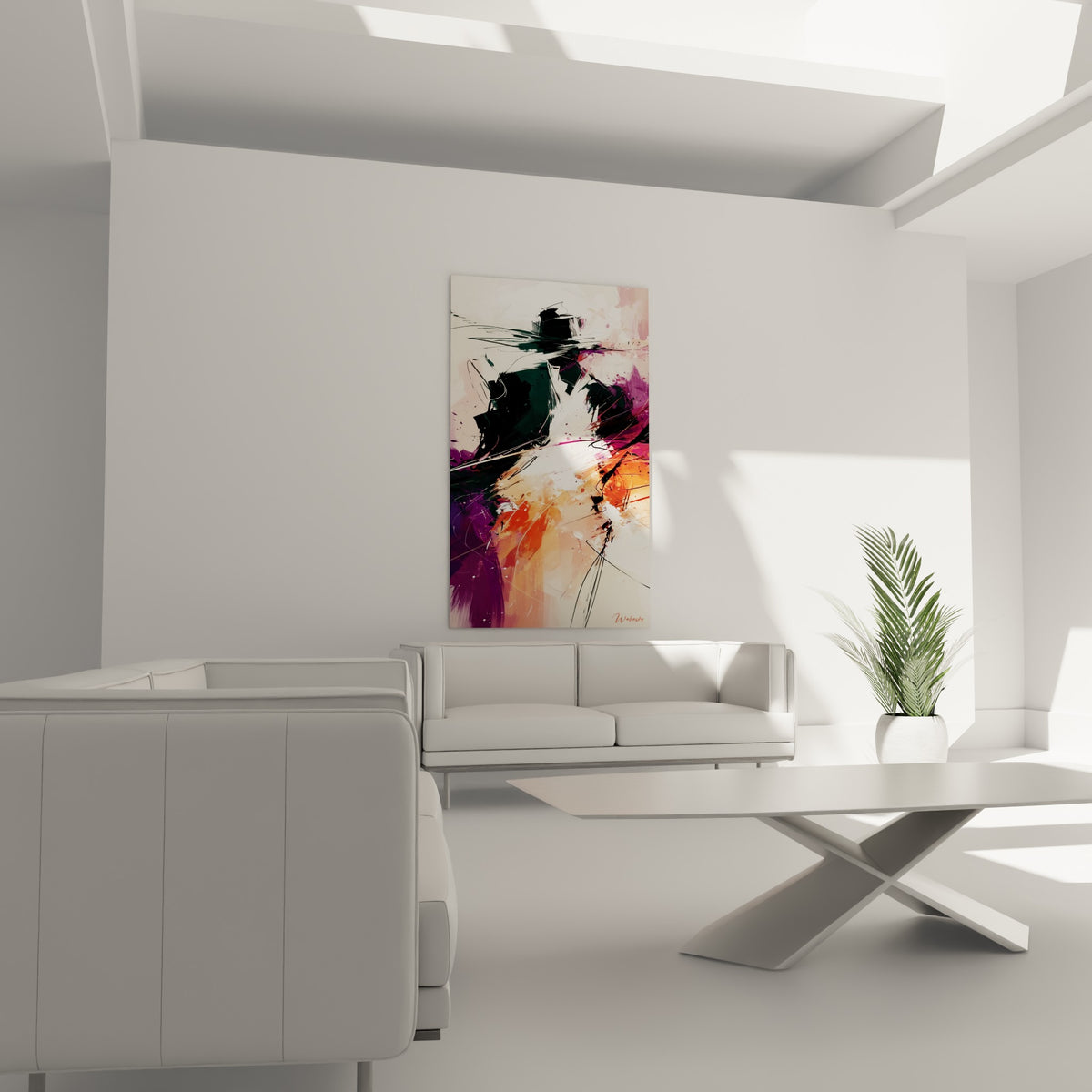 Figure gestuelle de corps abstrait, dégradé pourpre et orange, au-dessus d'un canapé dans un salon lumineux