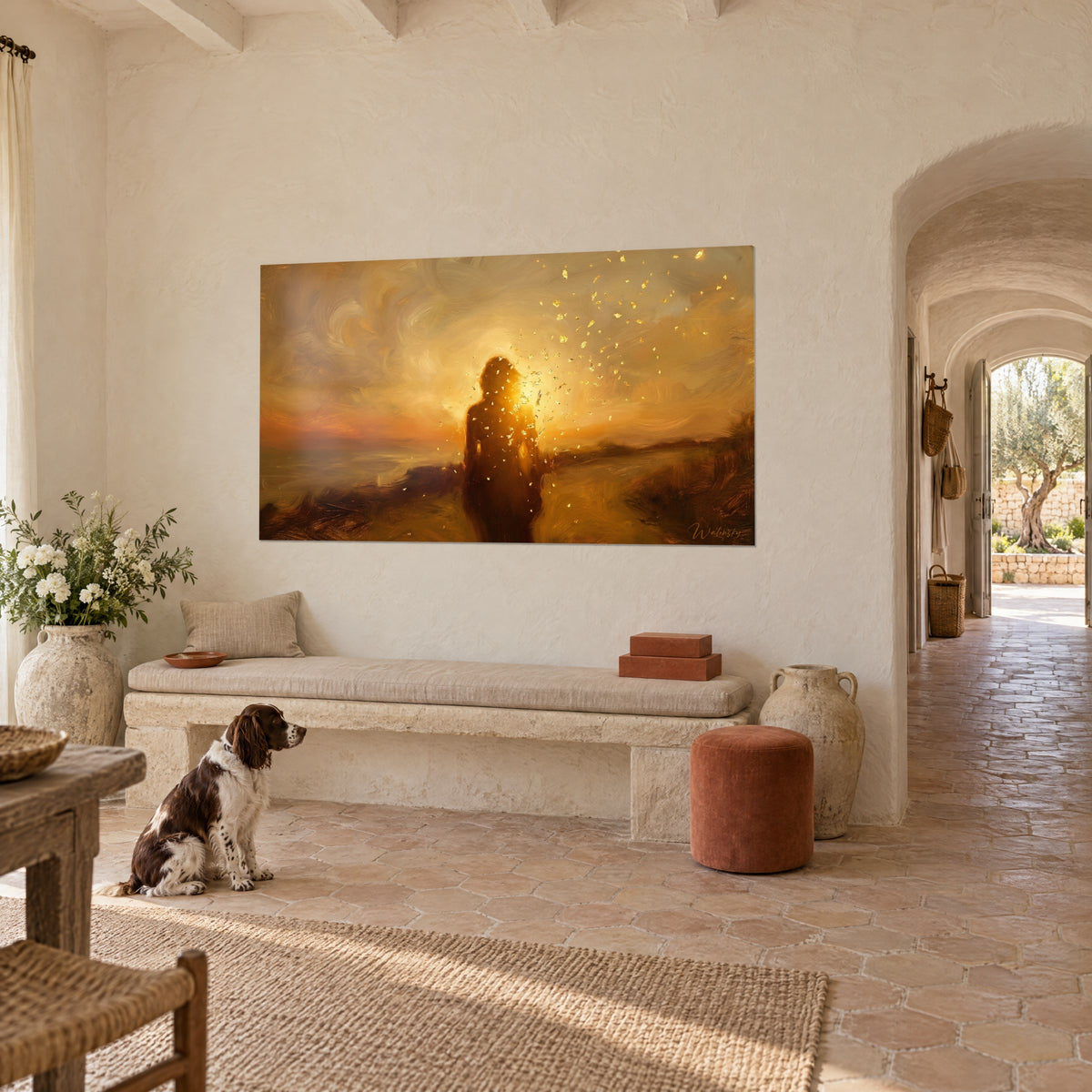 Tableau contre-jour d'une femme noyée d'ambre et de miel, éclats dorés en suspension, dans un mas provençal avec un spaniel