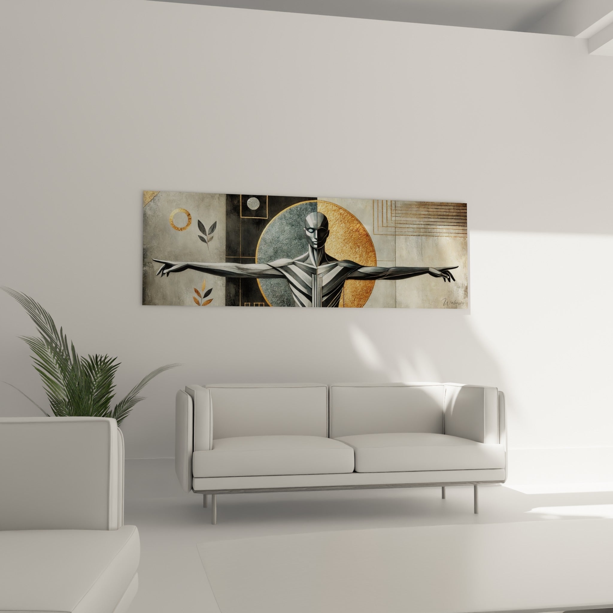 Personnage graphique gris et doré aux bras déployés, corps abstrait au-dessus d'un canapé dans un salon lumineux