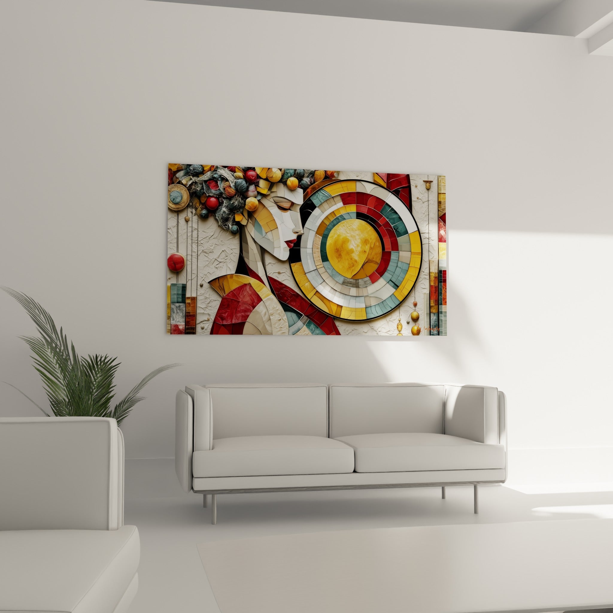 Figure mosaïquée rouge et bleu pétrole disposée au-dessus d'un canapé dans un salon lumineux