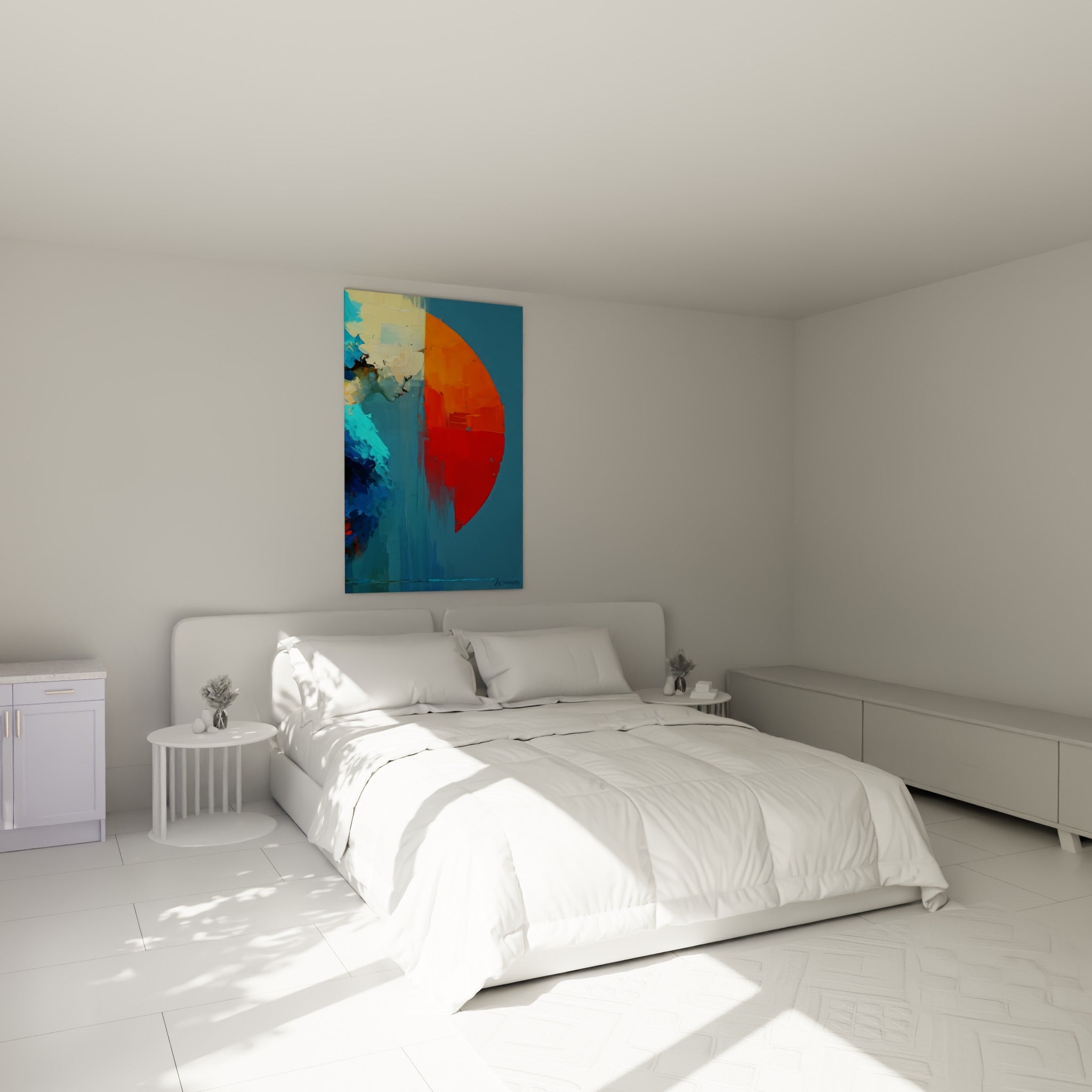 Silhouette bleue et disque incandescent orange, tableau Corps abstrait au-dessus d'un lit dans une chambre claire