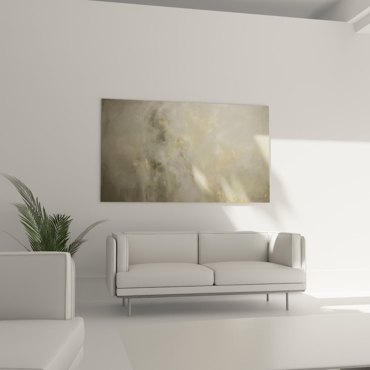 Silhouette voilée en gris anthracite et or accrochée au-dessus d'un canapé dans un salon lumineux