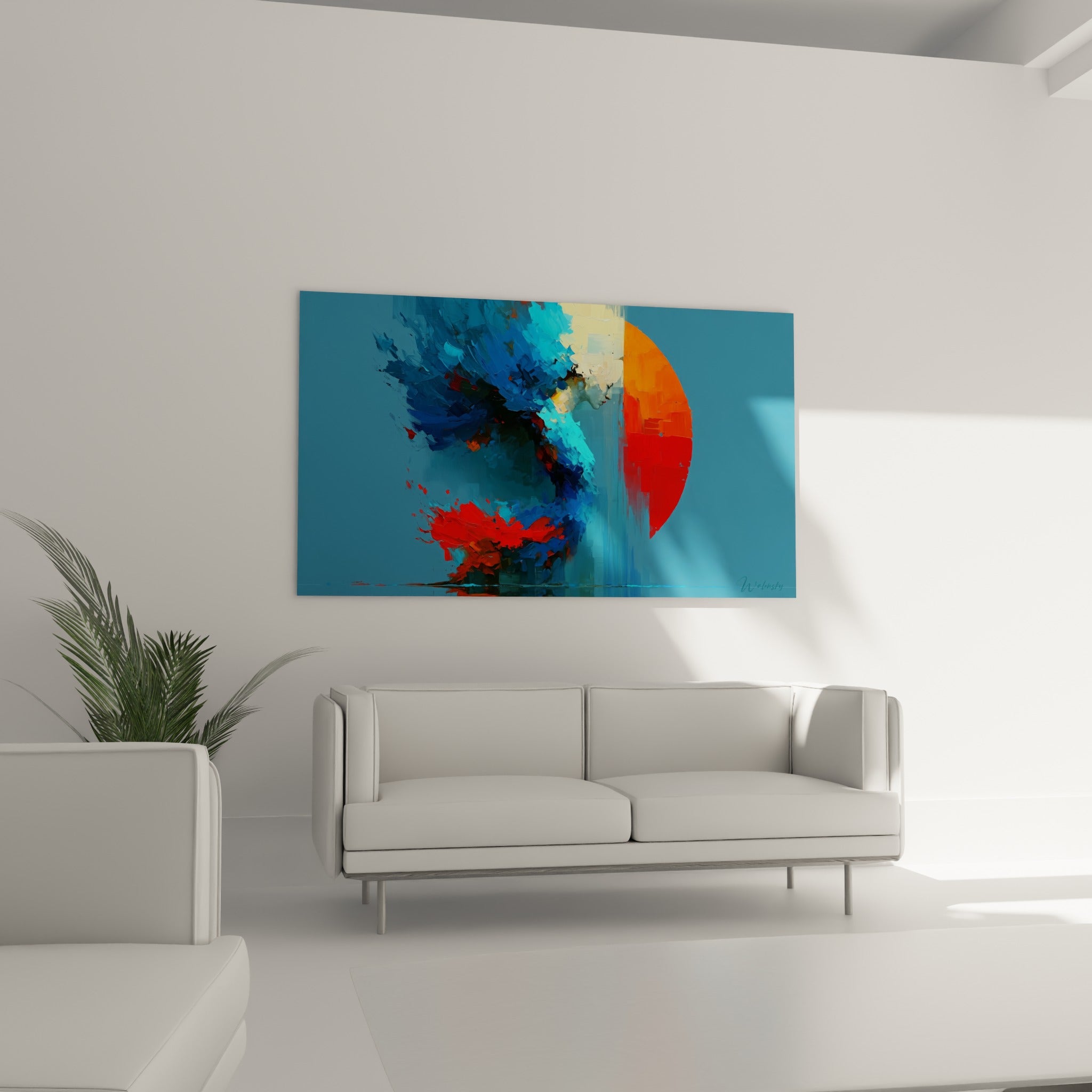 Corps abstrait aux teintes turquoise et rouge écarlate suspendu au-dessus d'un canapé dans un salon lumineux