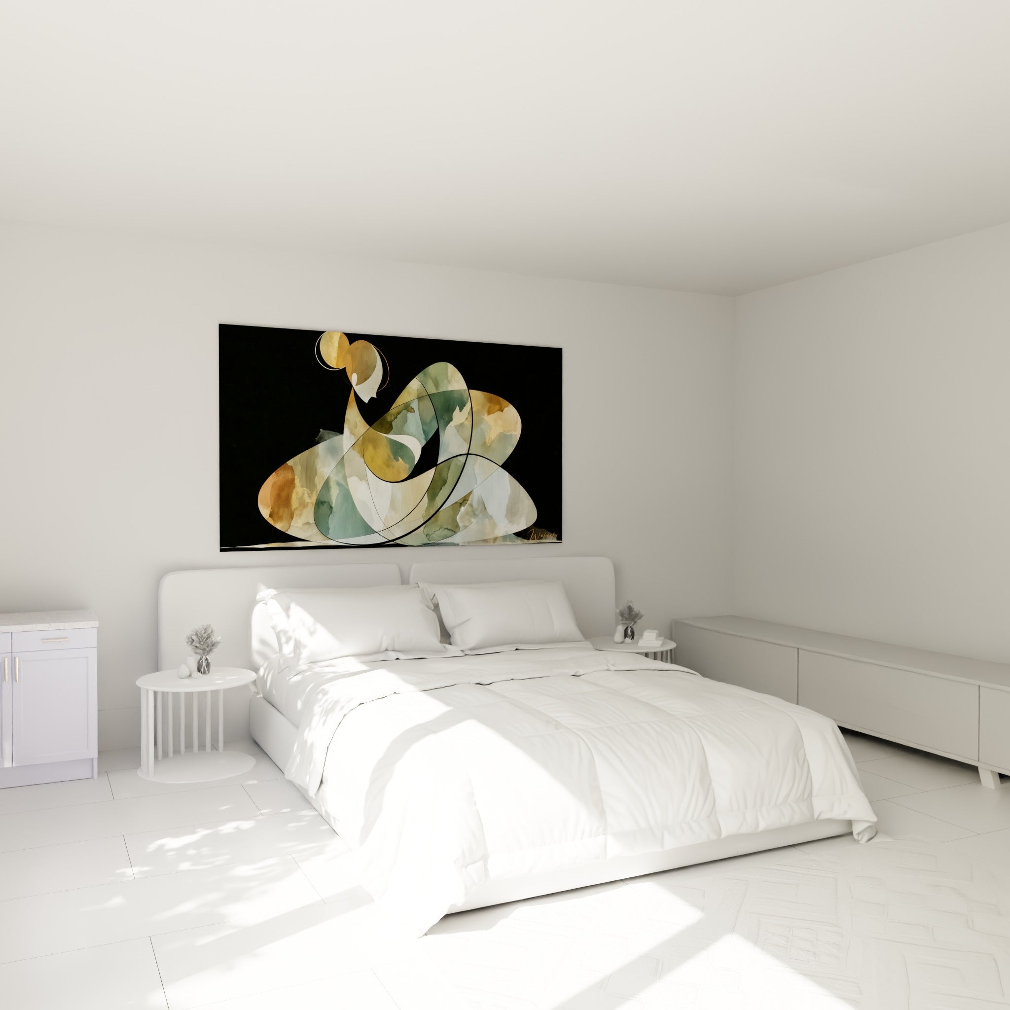 Silhouette abstraite ocre et beige aux courbes entrelacées, accrochée au-dessus d'un lit dans une chambre claire