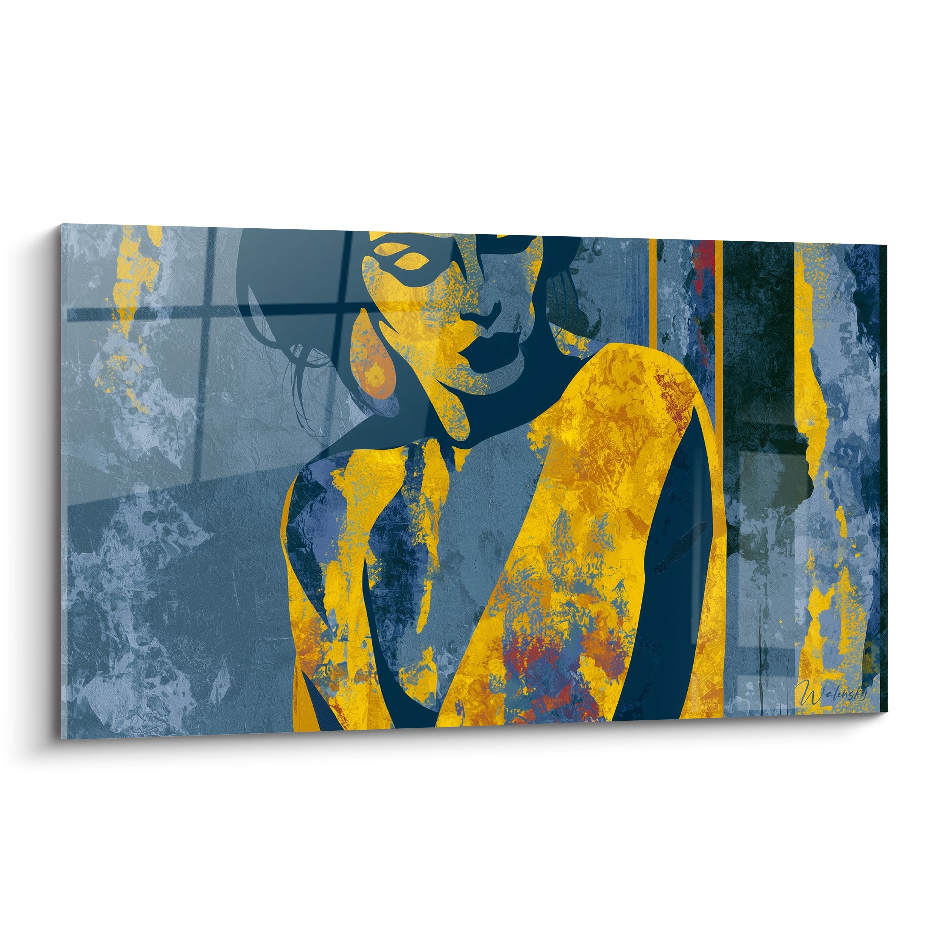 Silhouette féminine Corps abstrait en bleu marine et jaune doré texturé