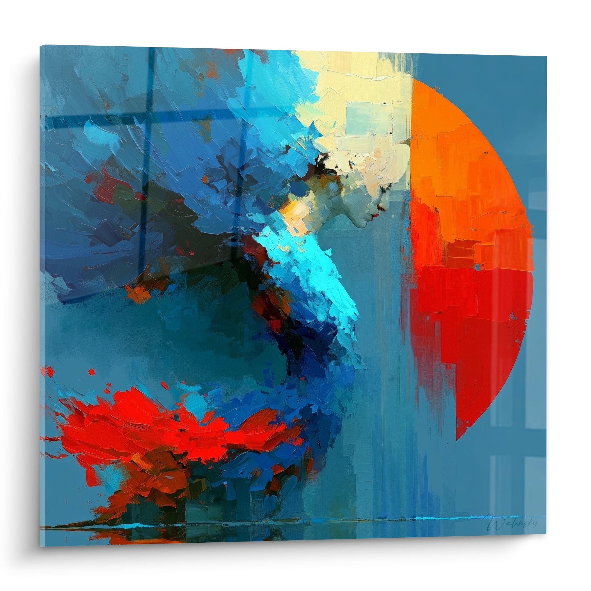 Silhouette Corps abstrait bleu turquoise face à un disque orange et rouge intense
