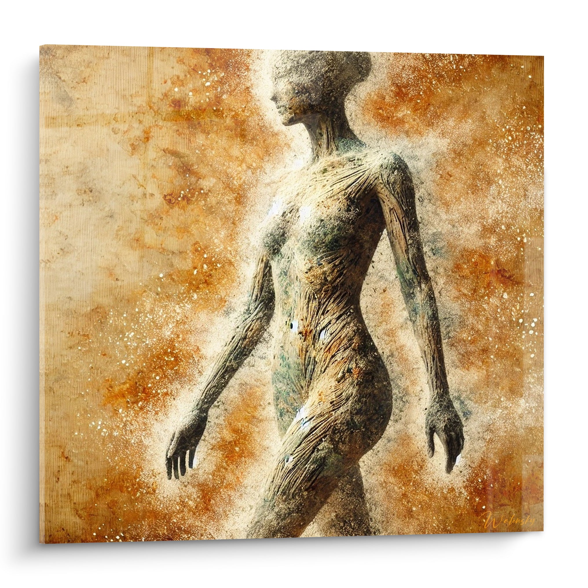 Silhouette fibreuse ocre et brune en marche, texture granuleuse sur fond terracotta et anthracite