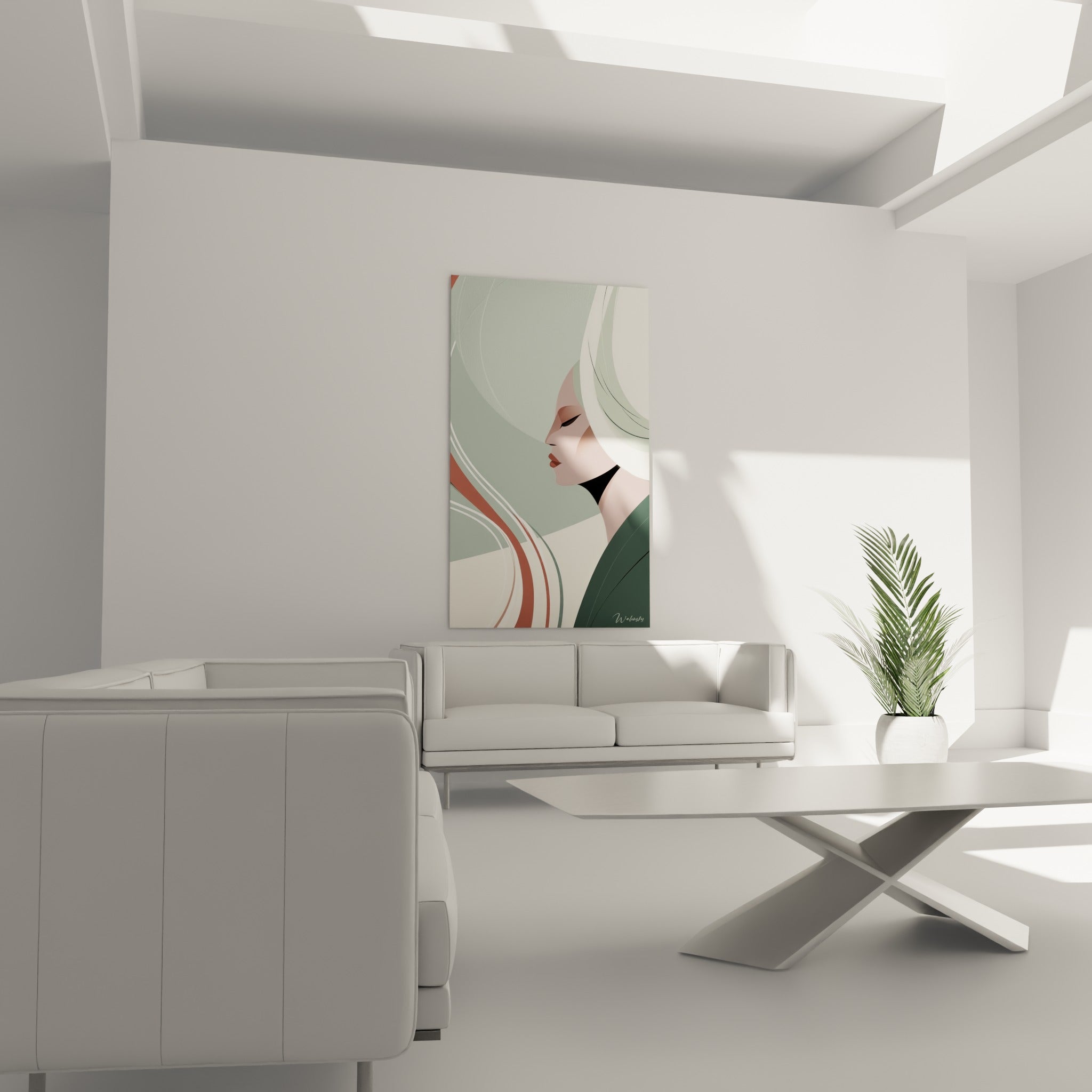 Visage serein aux tons vert sauge, accroché au-dessus d'un canapé dans un salon lumineux