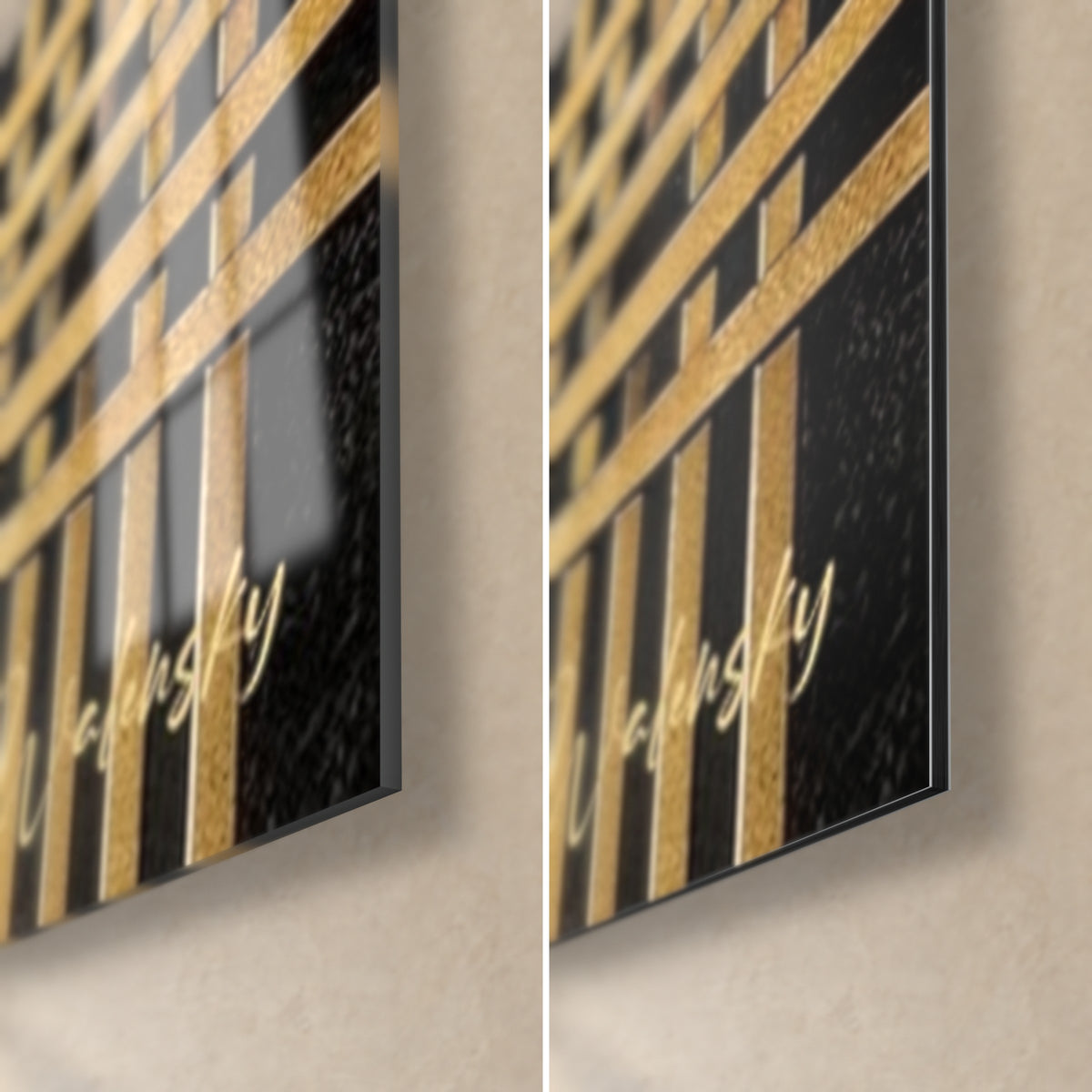 Tableau corps stylisé en gris et or, coin bas droit : verre brillant à gauche, Dibond noir mat à droite, tranche de 3 mm