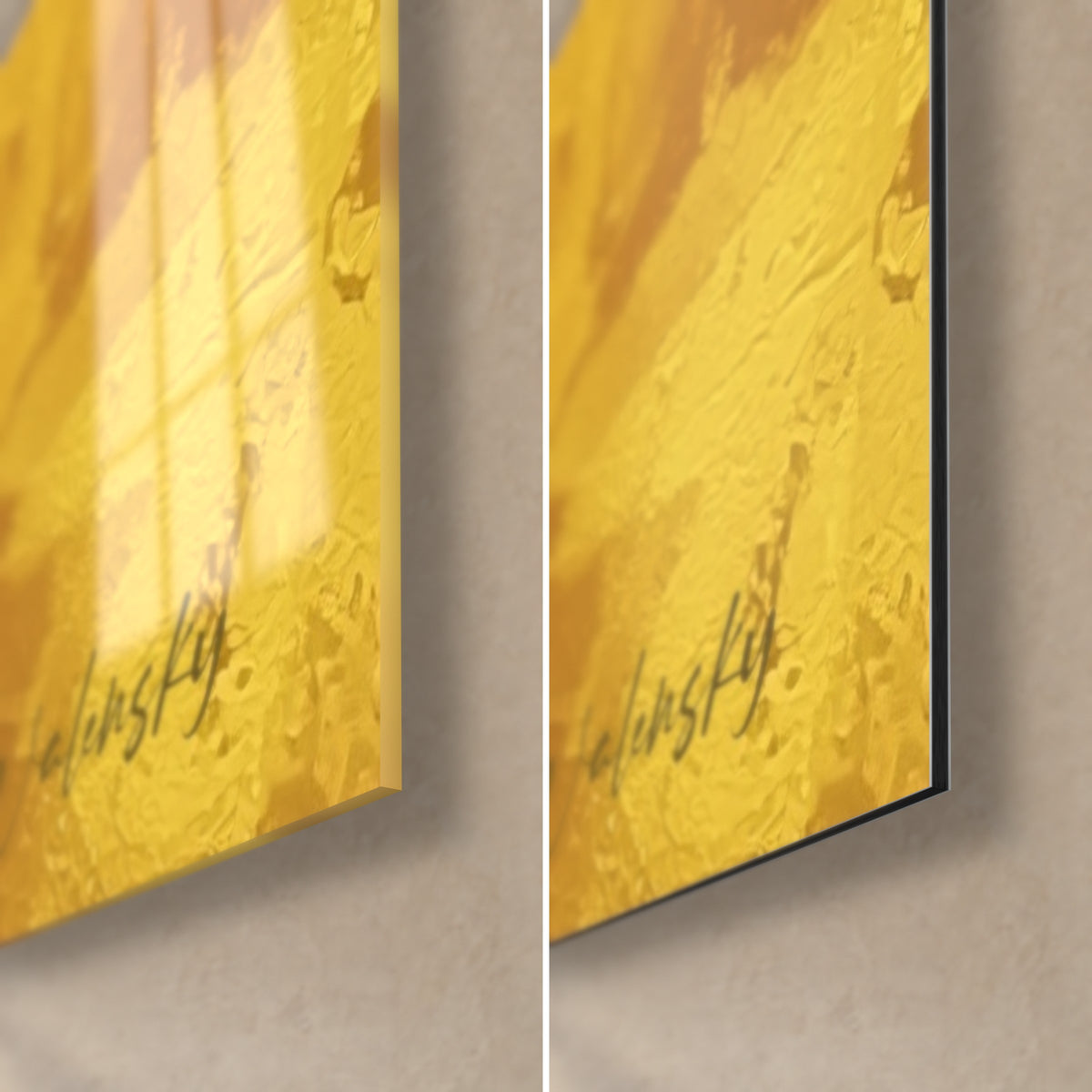 Wall art navy and gold female figure, bottom right corner: glossy acrylic glass reflecting light, matte black Dibond, 3 mm thickness