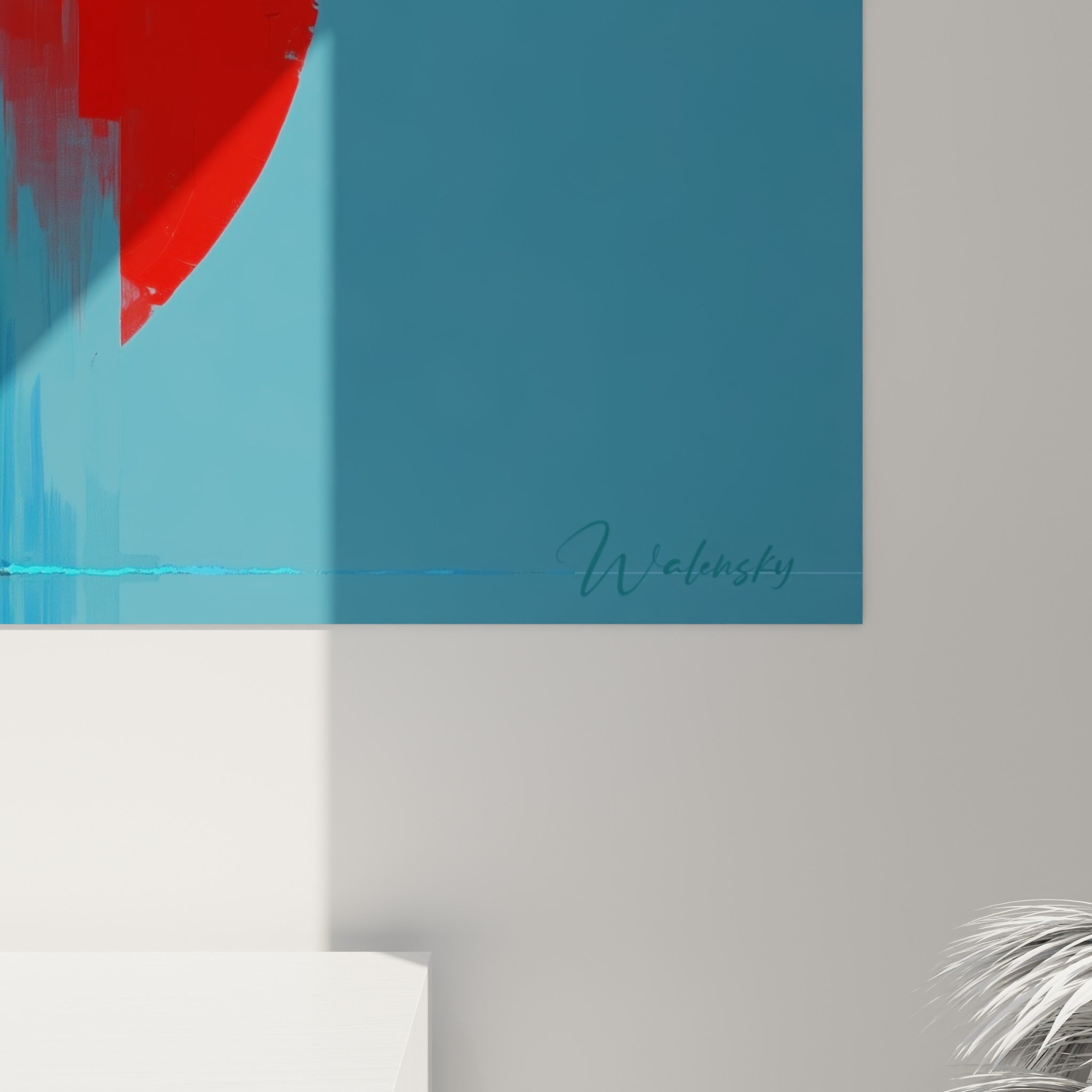 Empâtements bleu marine, turquoise et orange brûlé visibles en relief sur la toile de ce corps abstrait