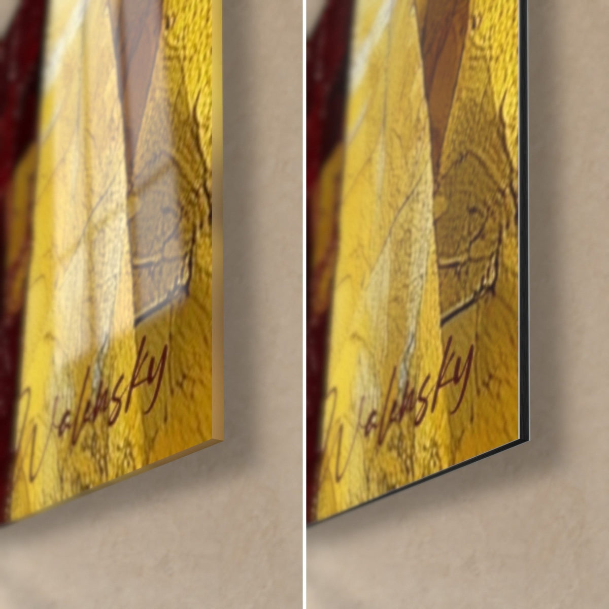 Tableau drap jaune fracturé, signature Walensky, coin bas droit : verre brillant à gauche, Dibond mat à droite, tranche 3 mm