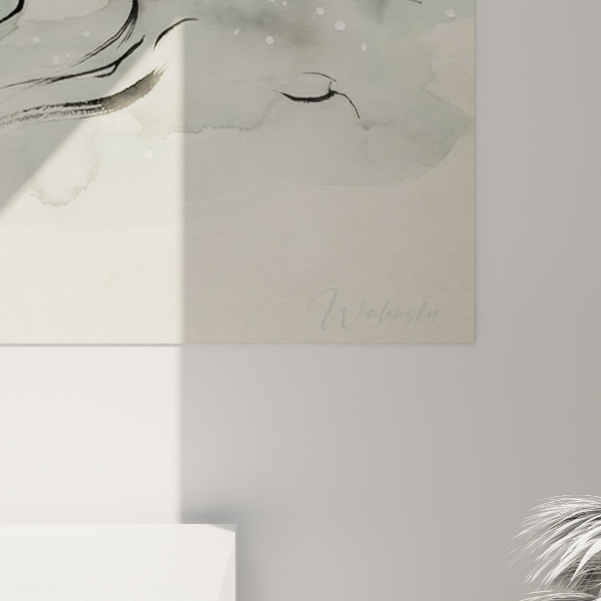 Grain du papier aquarelle visible, coulures vert d'eau et éclaboussures blanches sur ce tableau corps abstrait