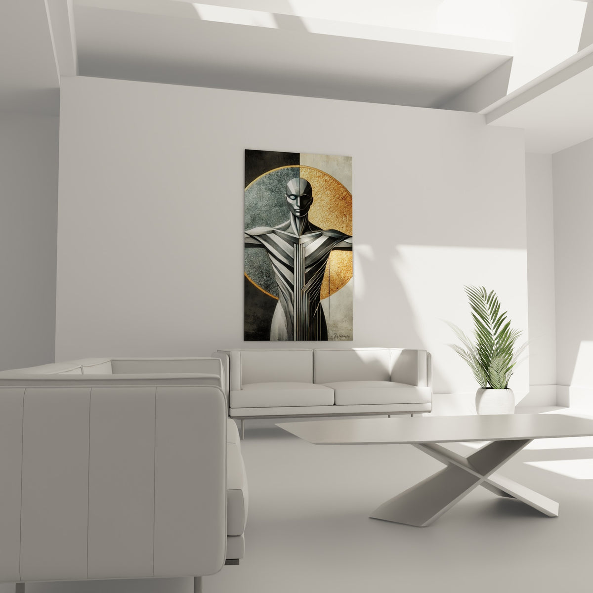 Corps abstrait divisé argent et or, torse strié de lignes fines, au-dessus d'un canapé dans un salon lumineux