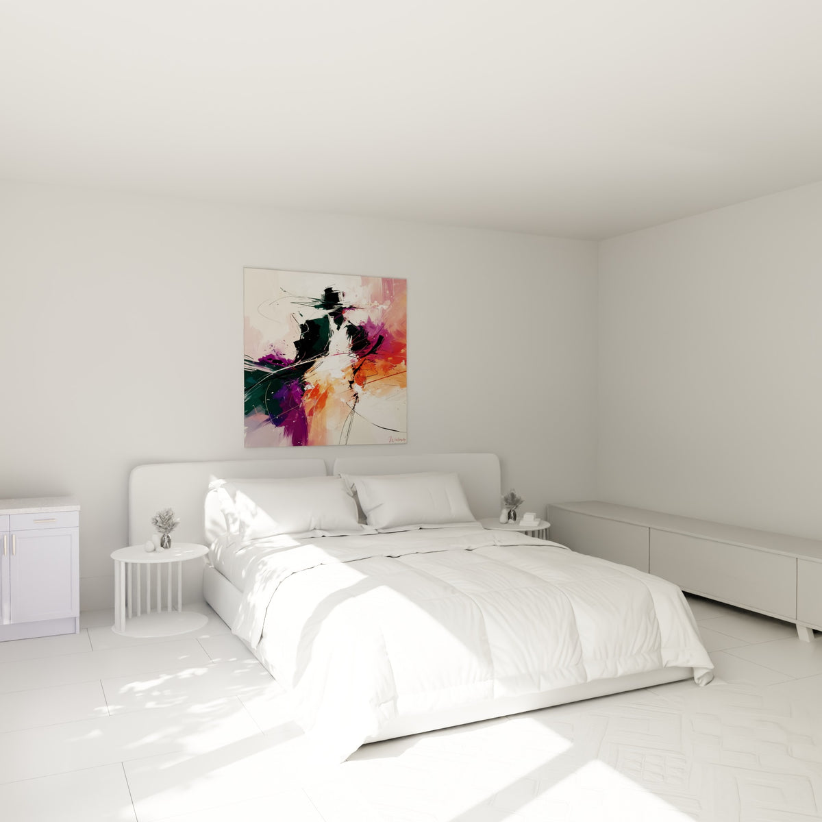 Corps abstrait vert et violet en plein élan, accroché au-dessus d'un lit dans une chambre claire
