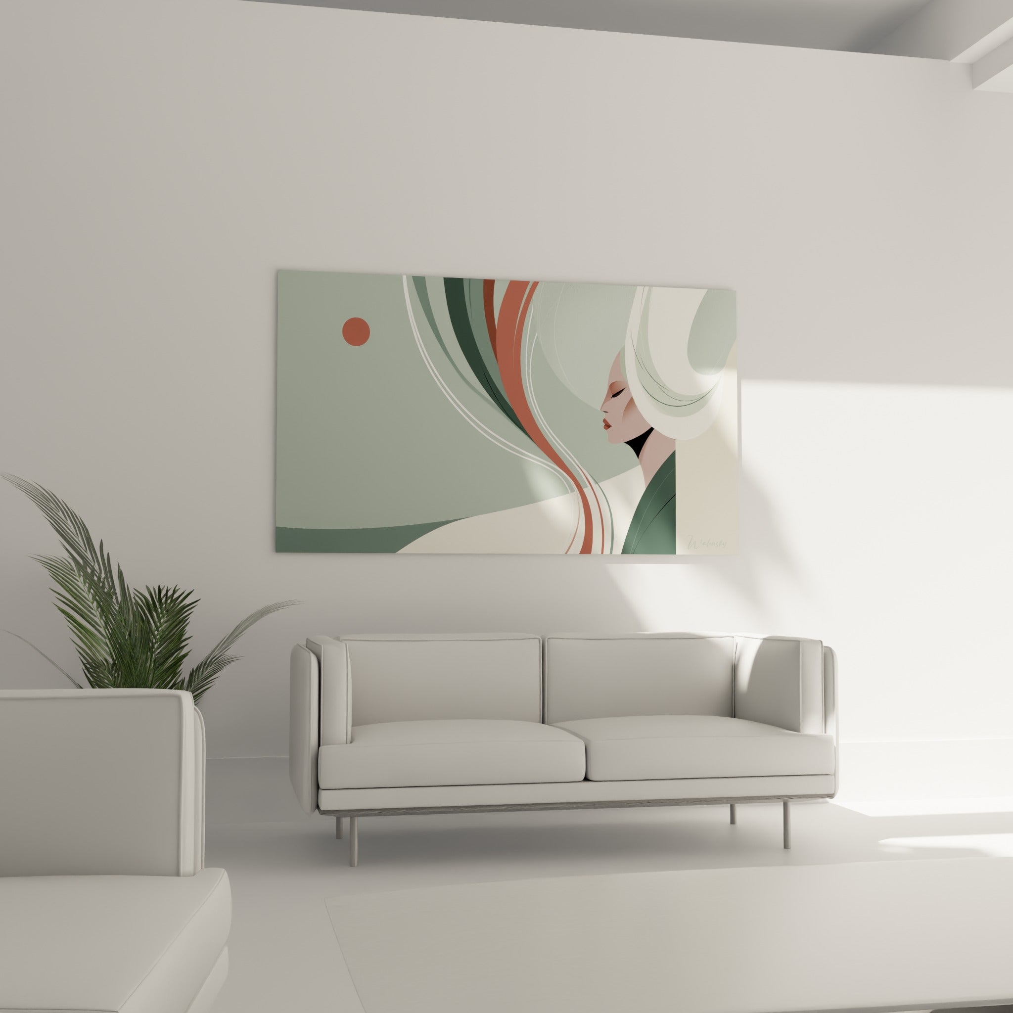 Visage anthracite et terracotta aux courbes fluides, au-dessus d'un canapé dans un salon lumineux