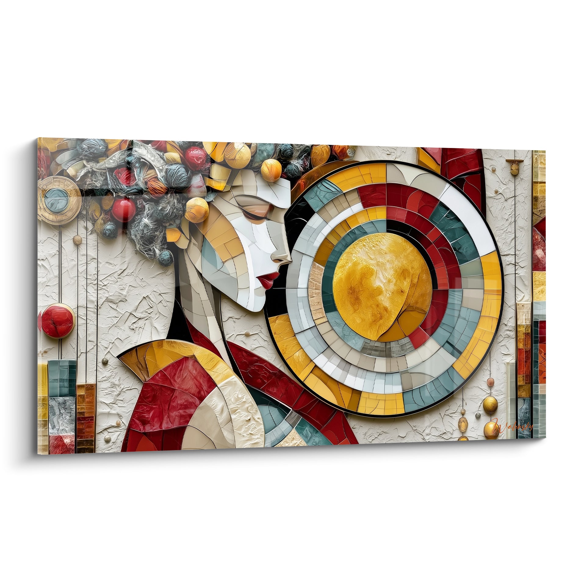 Visage fragmenté doré et rouge fusionné à un disque mosaïqué bleu pétrole et anthracite