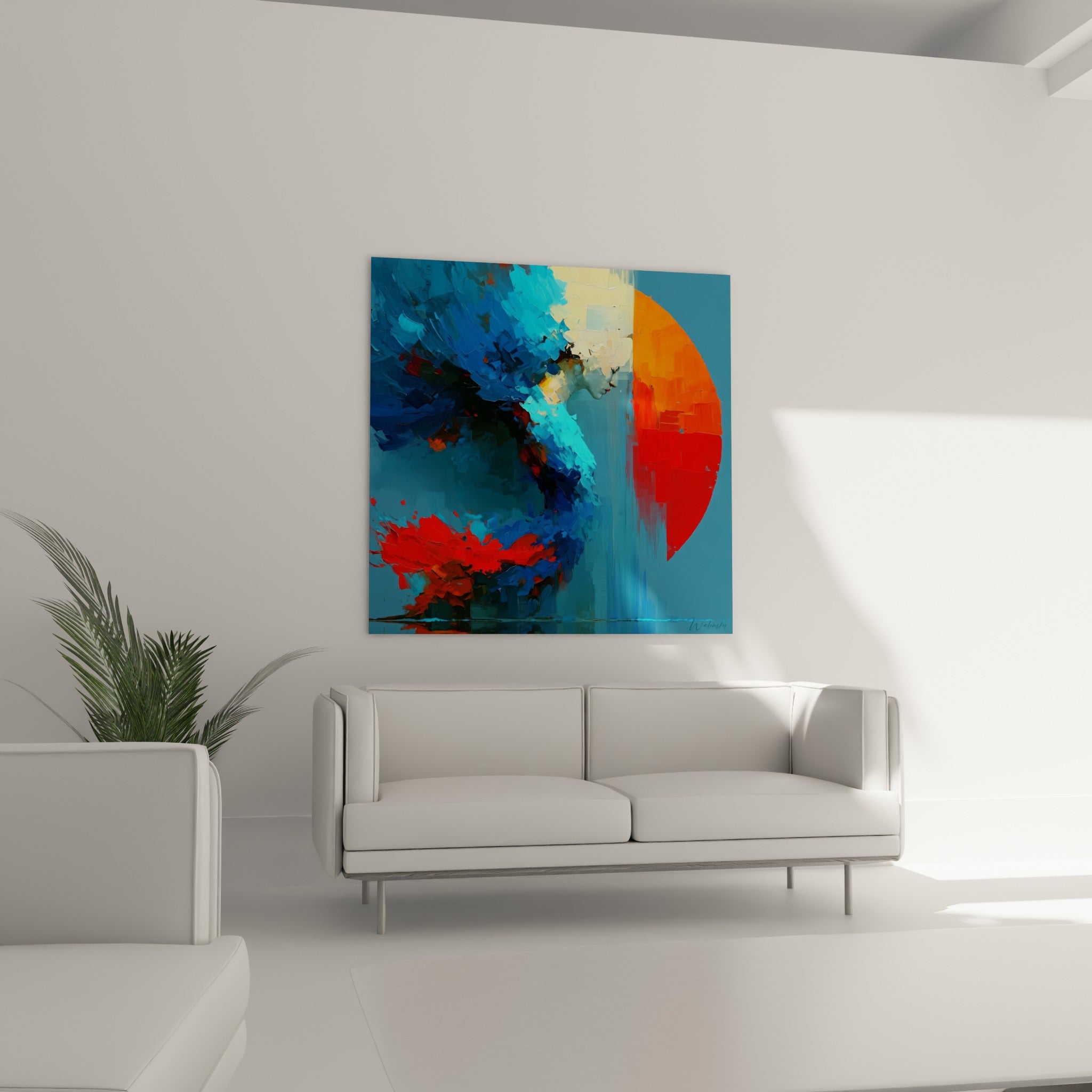 Visage stylisé du Corps abstrait entouré de bleu et de rouge écarlate au-dessus d'un canapé dans un salon lumineux
