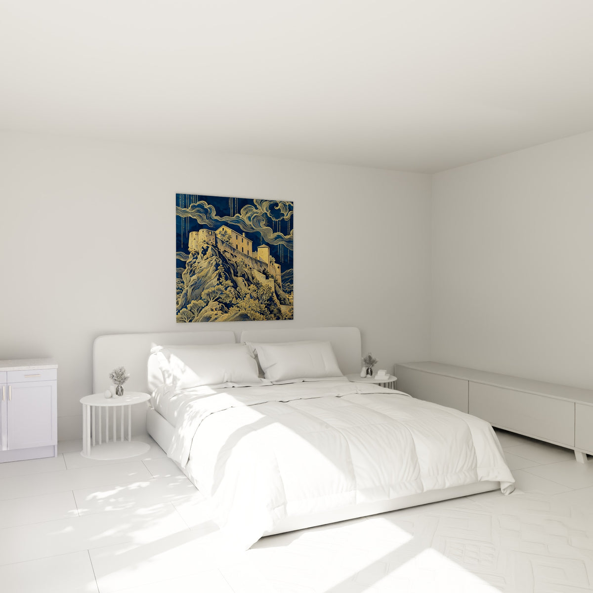 Forteresse dorée aux tours rondes sur fond bleu marine, au-dessus d'un lit dans une chambre claire