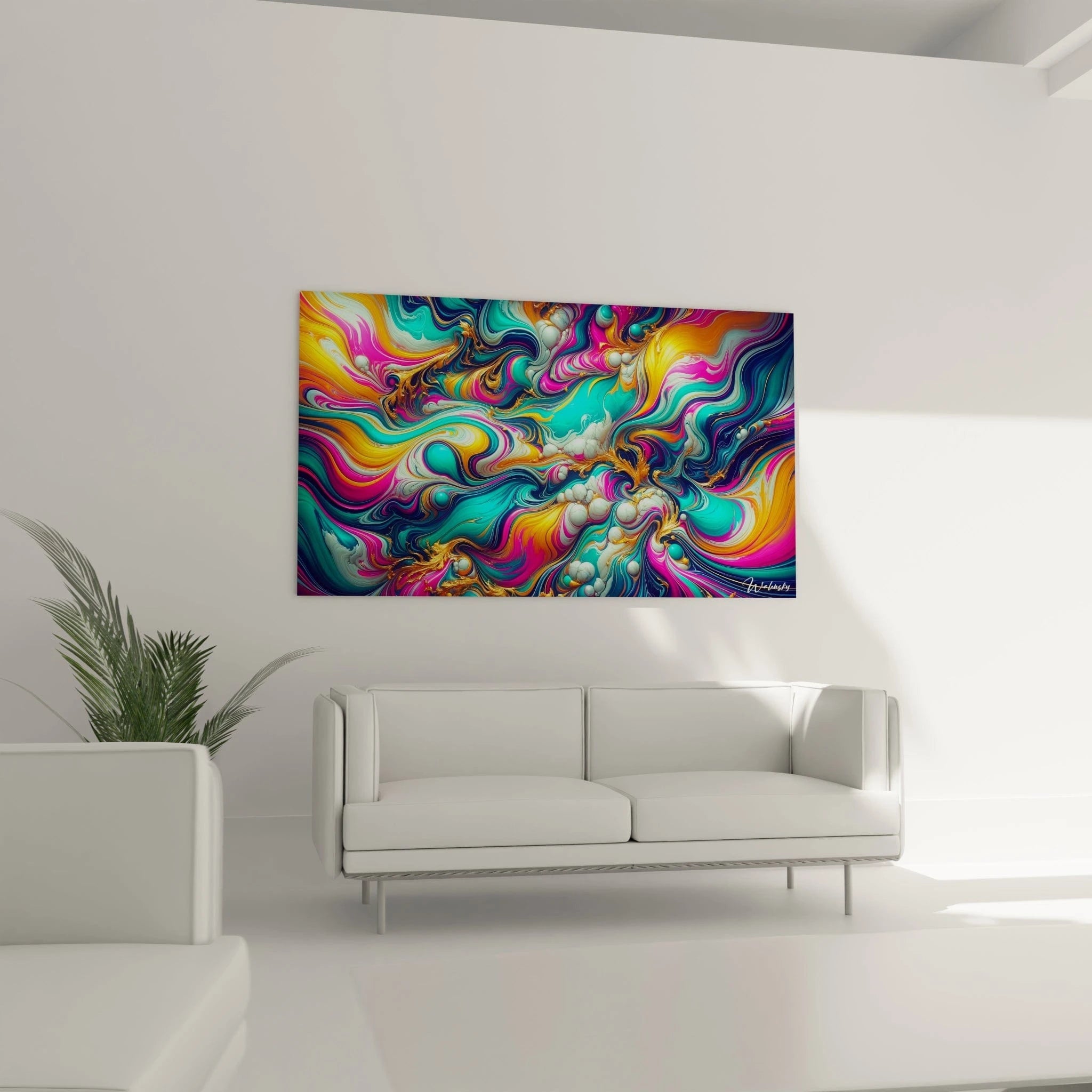 Tableau abstrait figurant des flux colorés en rotation. Gamme de couleurs éclatantes mélangeant cyan, rose électrique, orange et indigo avec veines dorées. Effet visuel de liquides en mouvement avec bulles blanches et turquoise disséminées dans la composition. Motif tourbillonnant créant une sensation de mouvement centrifuge et d'énergie cinétique.