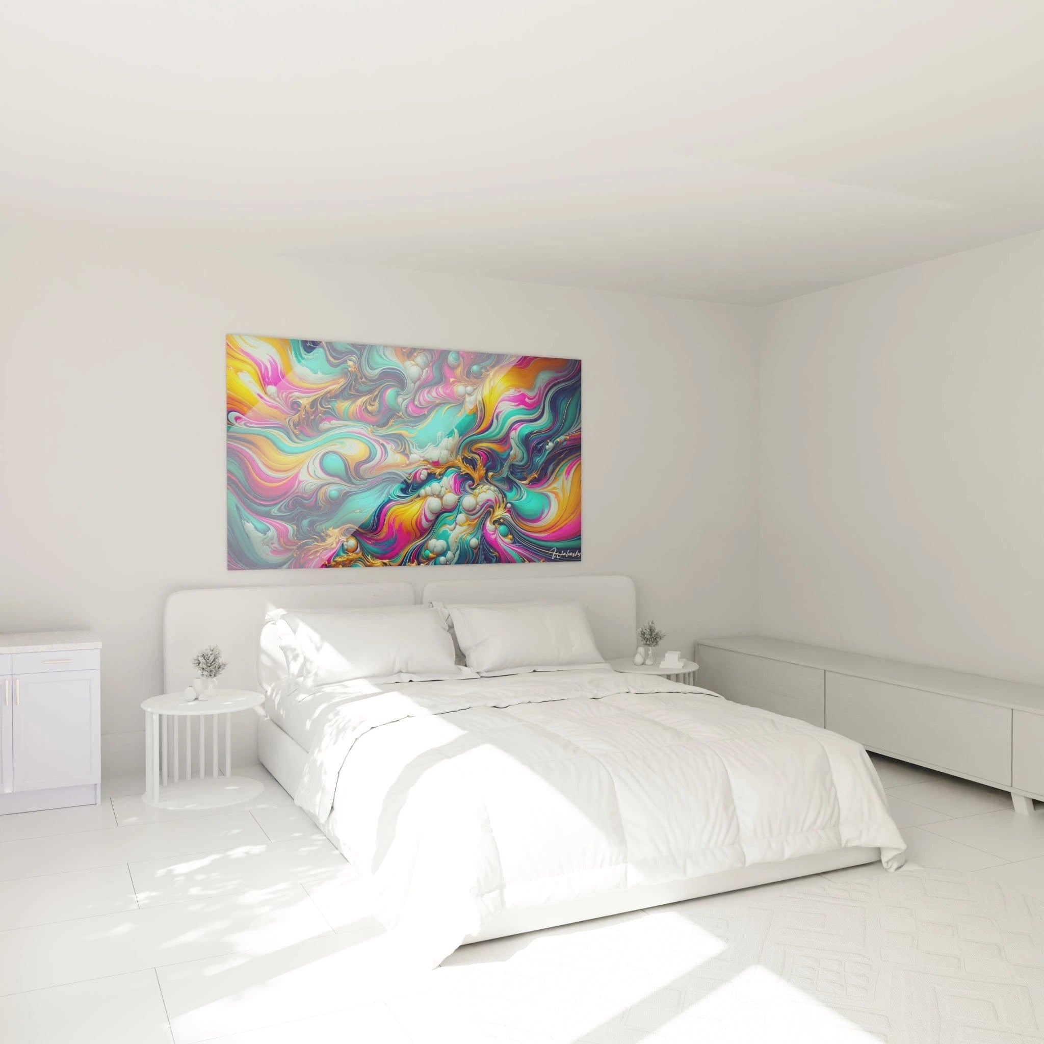 Tableau abstrait montrant des courants marbrés aux teintes vives. Spectre chromatique intense alliant vert émeraude, magenta, jaune soleil et bleu profond avec filets dorés. Surface brillante combinant strates tourbillonnantes et éléments sphériques blancs. Structure organique aux mouvements circulaires créant une impression de profondeur et de mouvement perpétuel.