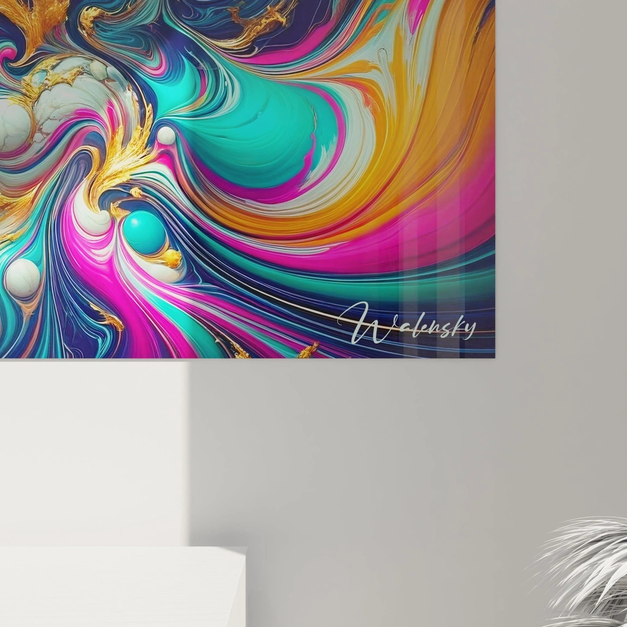 Tableau abstrait présentant un maelström de couleurs vives et contrastées. Dominantes de bleu turquoise, rose vif, jaune ambré et bleu indigo avec filaments dorés. Texture lisse et brillante évoquant des peintures en fusion avec sphères blanches flottantes. Composition centrée sur des mouvements spiralés multidirectionnels créant un effet hypnotique et dynamique.
RetryClaude can make mistakes. Please double-check responses.