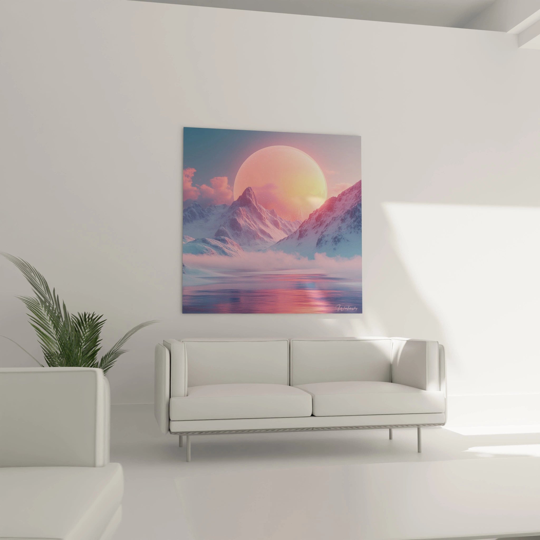 Un tableau montagne représentant une chaîne de sommets enneigés entourant une large sphère lumineuse aux teintes roses et jaunes. Les montagnes blanches aux ombres bleutées encadrent cette apparition céleste, créant un paysage féerique reflété dans l'eau paisible.