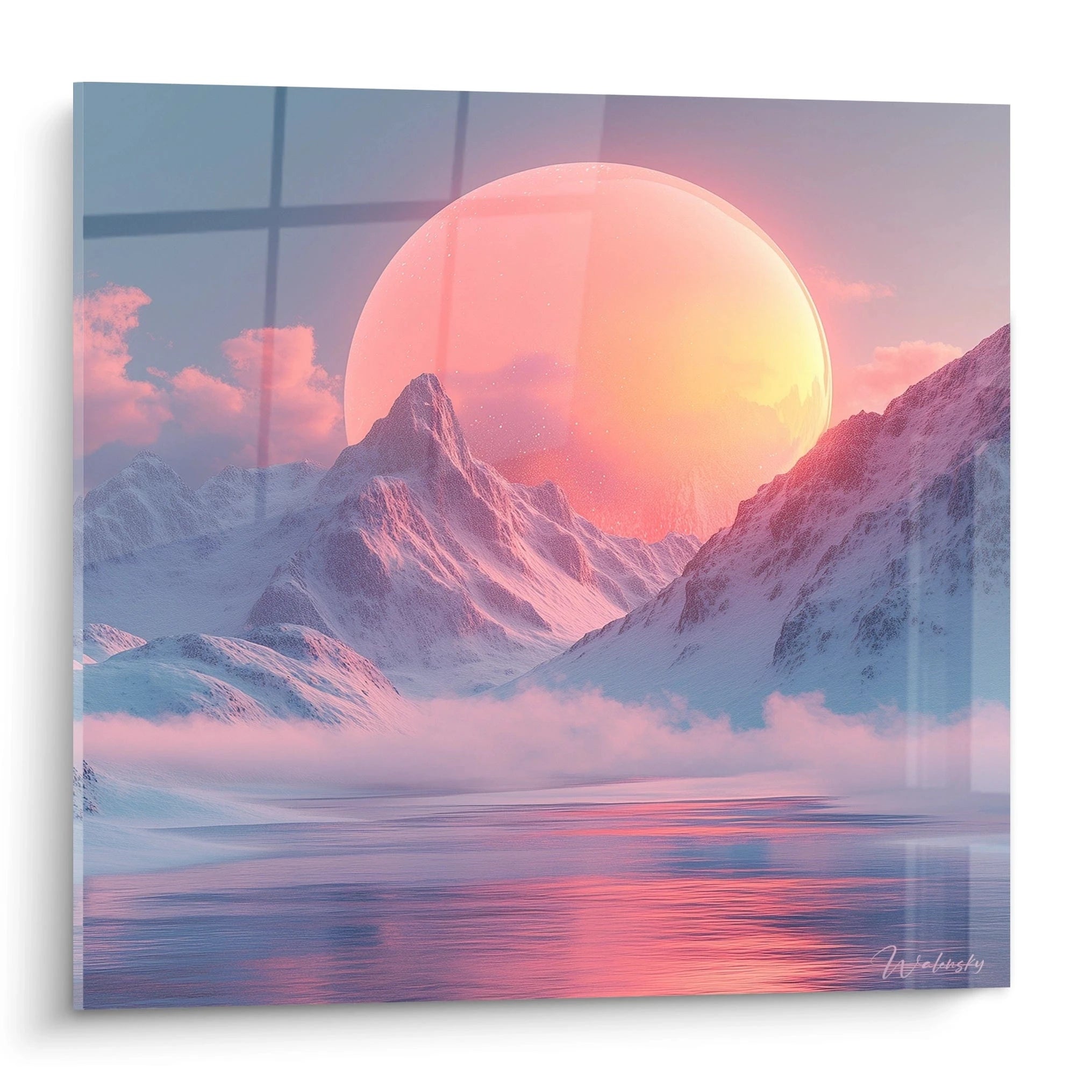 Un tableau montagne présentant des sommets enneigés sous un immense astre rose-orangé, avec des reflets pastel sur l'eau au premier plan. Les teintes roses illuminent les flancs rocheux et les nuages, créant une atmosphère onirique dans ce paysage hivernal.