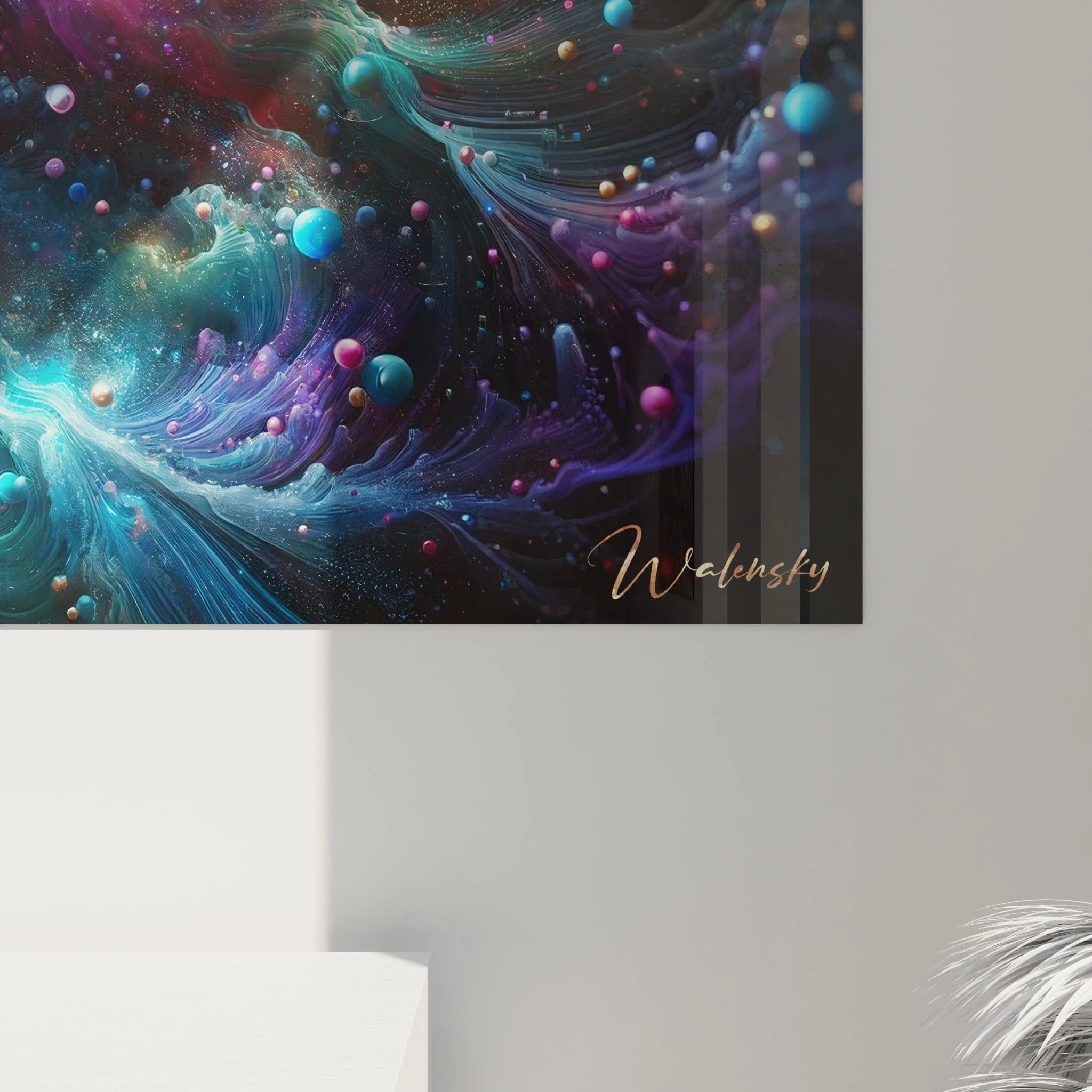 Tableau abstrait présentant un paysage cosmique imaginaire. Dominantes de bleu cyan, rose fuchsia et pourpre profond avec accents dorés. Texture élaborée associant volutes gazeuses, particules scintillantes et sphères flottantes bleues et roses. Structure organique avec mouvements spiralés et point focal lumineux créant une impression d'expansion infinie.
RetryClaude can make mistakes. Please double-check responses.