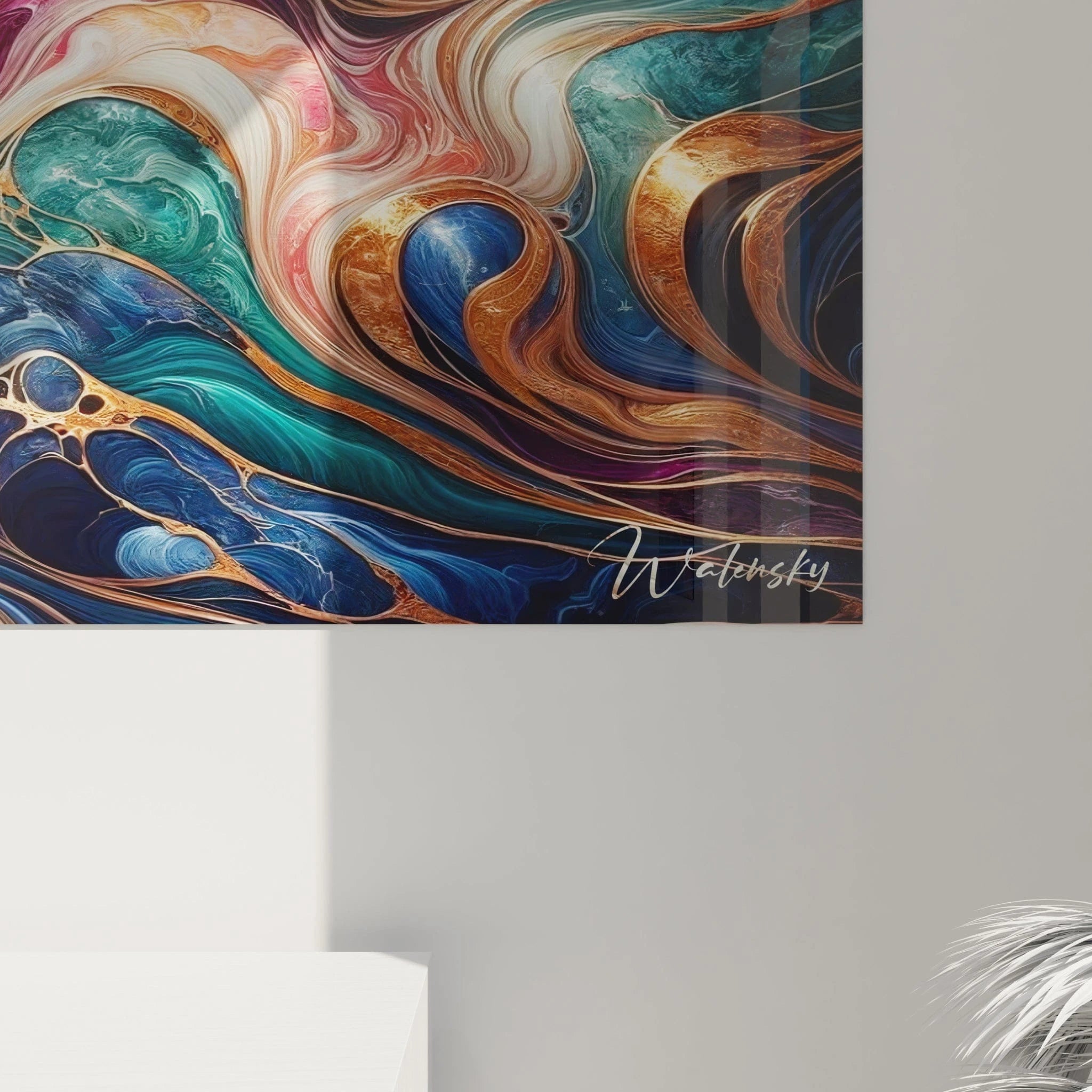 Tableau abstrait présentant une composition fractale de cellules multicolores bordées d'or. Gamme colorée de bleu outremer, sarcelle, magenta, blanc et ambre métallique. Texture fluide évoquant des pierres précieuses liquides séparées par des veines dorées. Motif organique avec mouvements spiralés et compartiments colorés disposés en éventail depuis le centre.
RetryClaude can make mistakes. Please double-check responses.