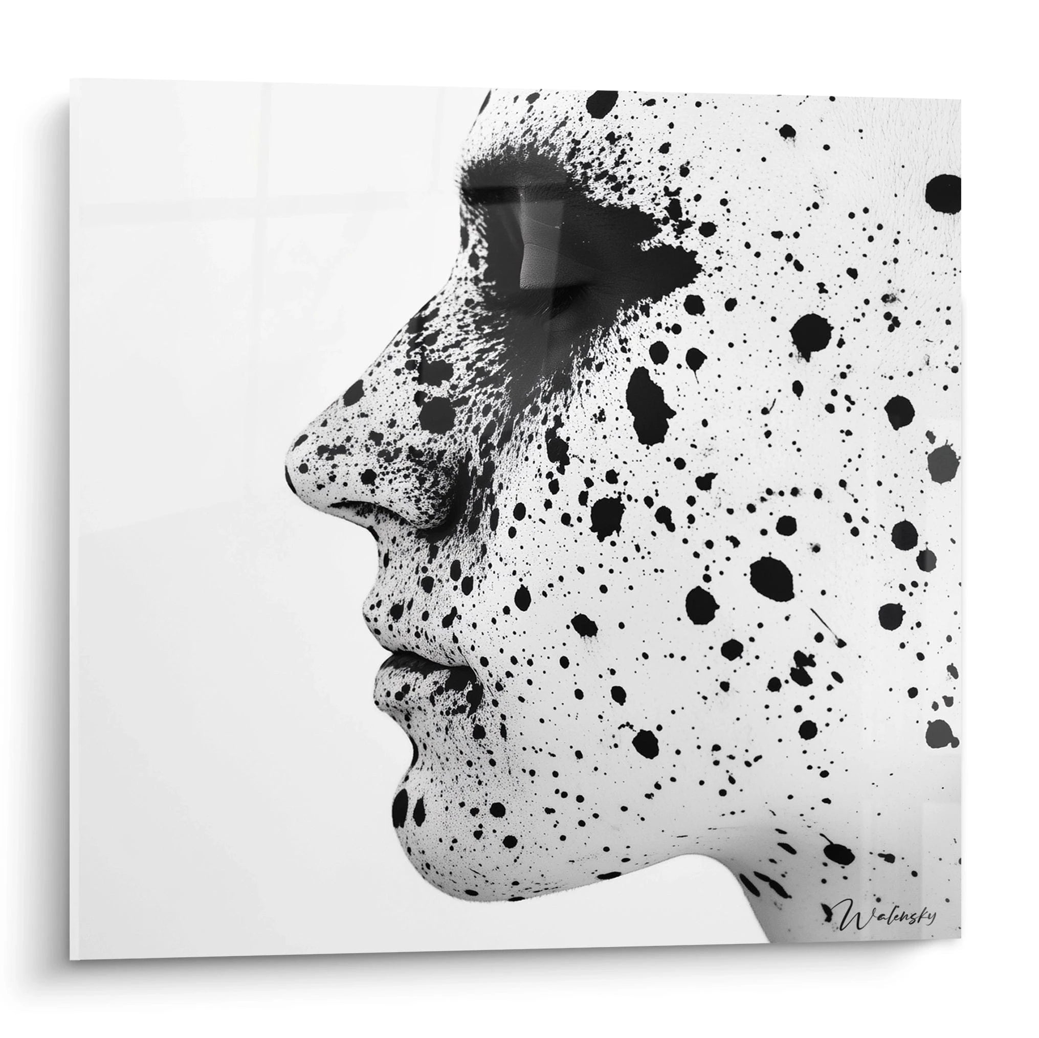 Tableau noir et blanc de visage avec éclaboussures de peinture, signé Walensky