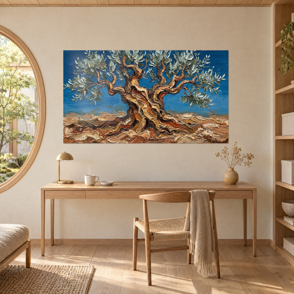 Tableau tronc d'olivier sculpté par l'empâtement, tons miel et terre de Sienne, ciel bleu azur, accroché au-dessus d'un bureau en bois clair