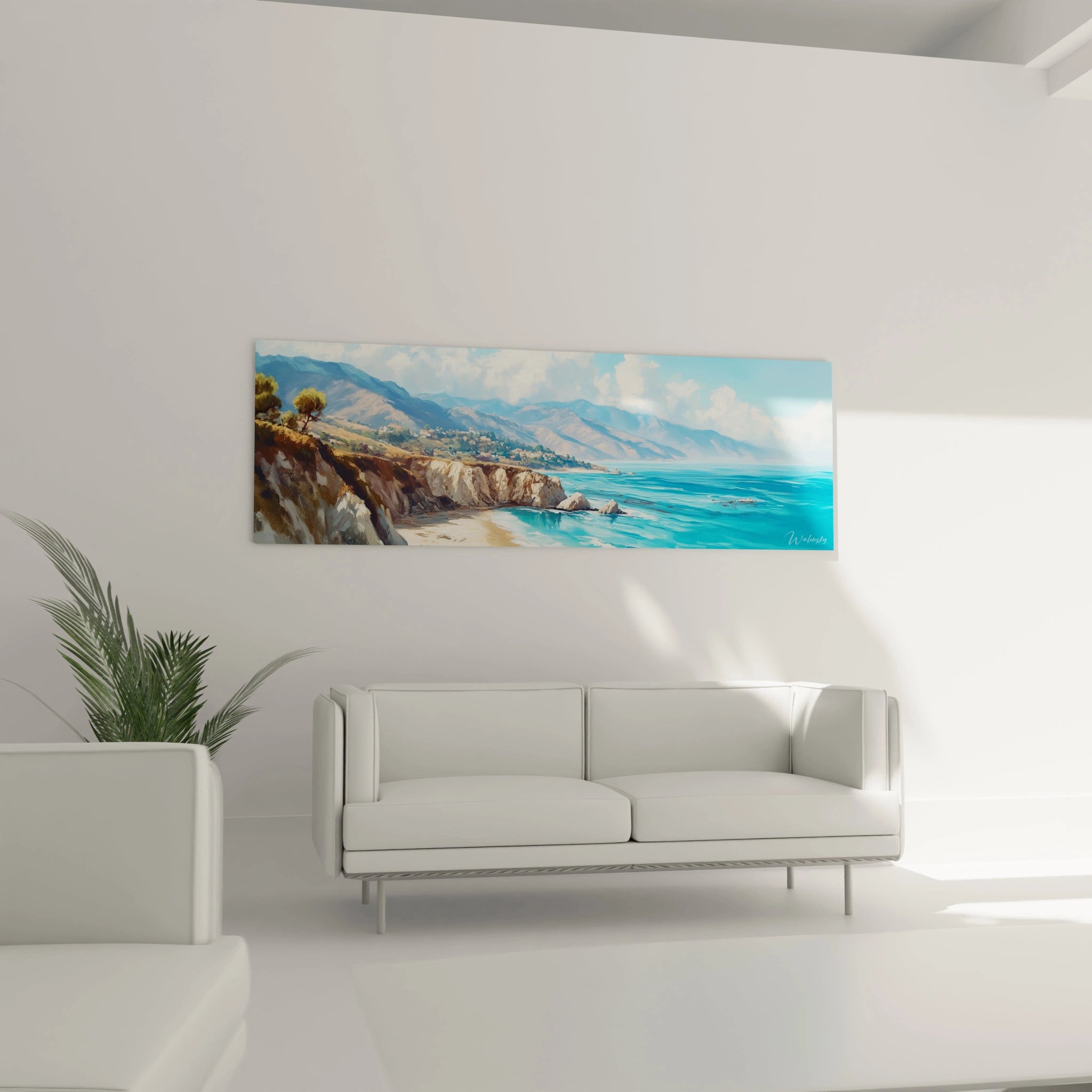 Un tableau côtier présentant un paysage panoramique de bord de mer avec des falaises texturées au premier plan, une plage de sable clair, une eau turquoise scintillante et des montagnes lointaines, le tout rendu avec des coups de pinceau expressifs et une palette lumineuse.