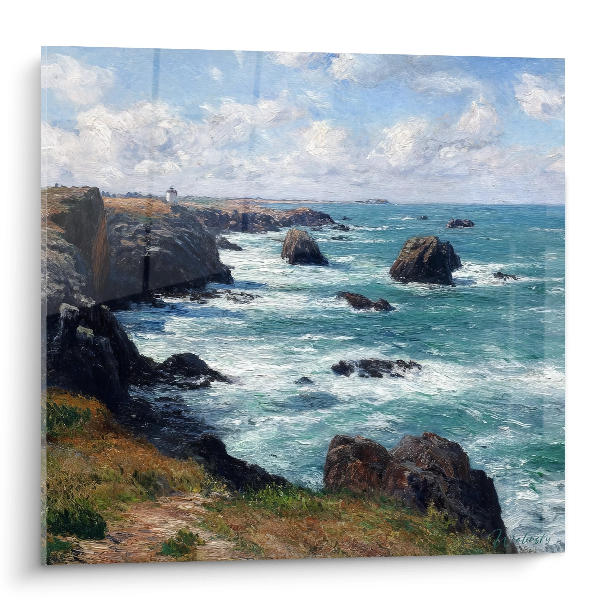 Tableau côte rocheuse bretonne impressionniste avec falaises et océan turquoise pour décoration maritime