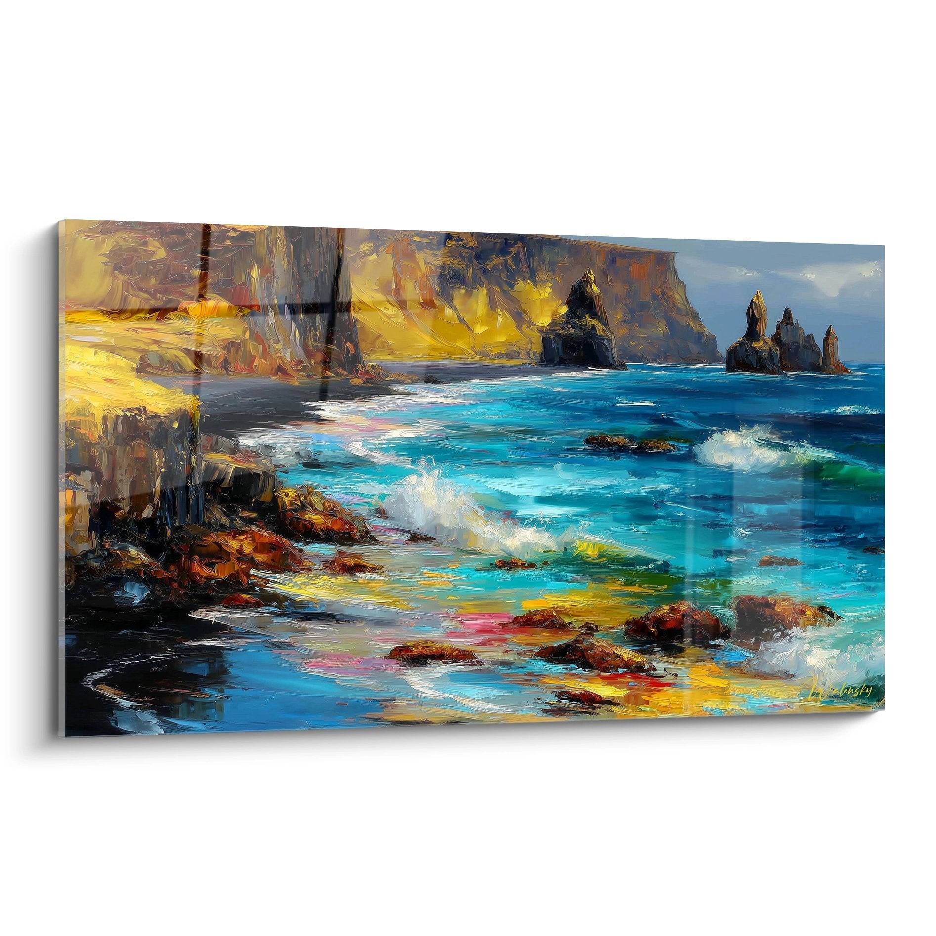 Tableau mural côte rocheuse aux falaises dorées et eaux turquoise, peinture marine artistique pour décoration murale
