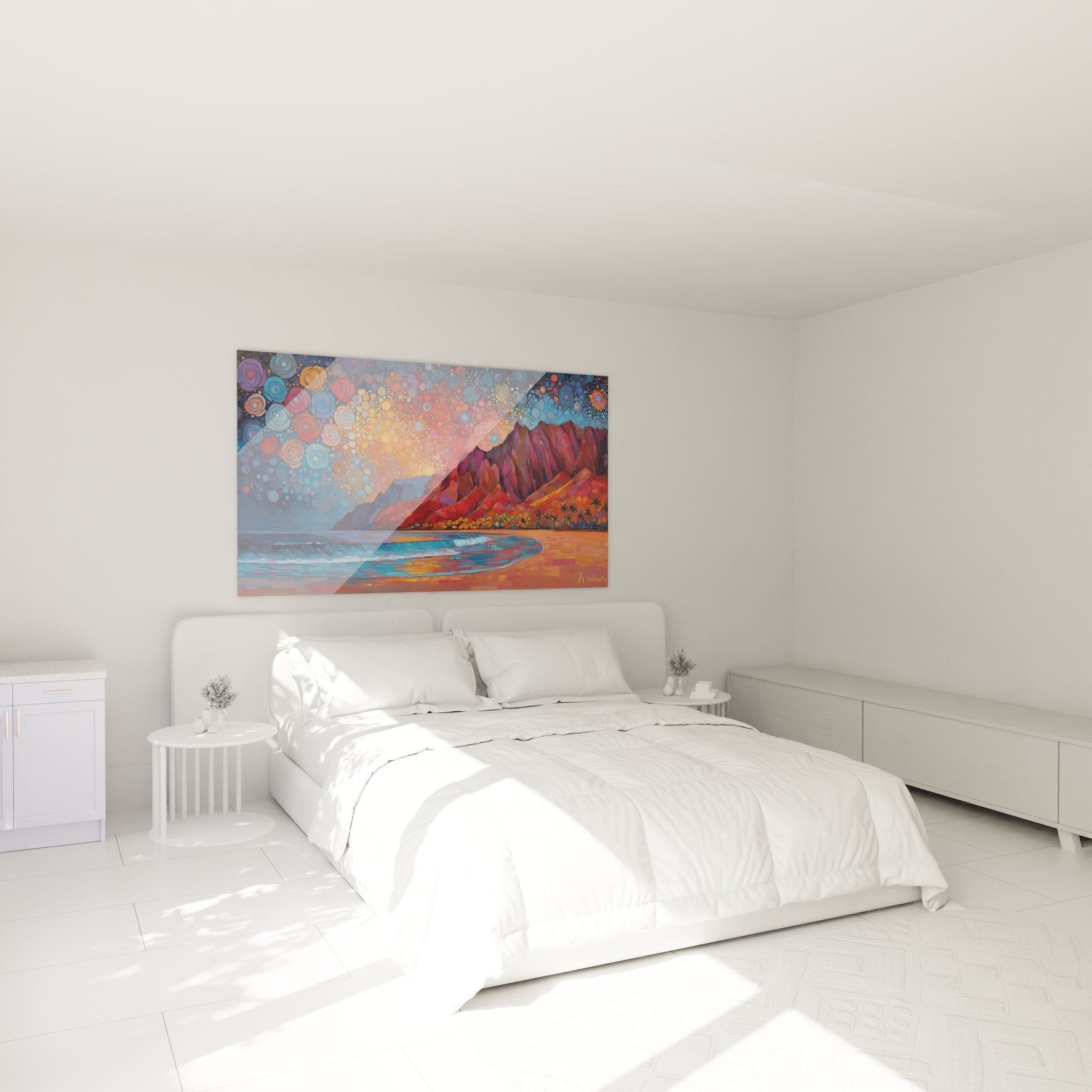 Tableau paysage côtier volcanique décorant une chambre moderne avec vue sur océan et falaises