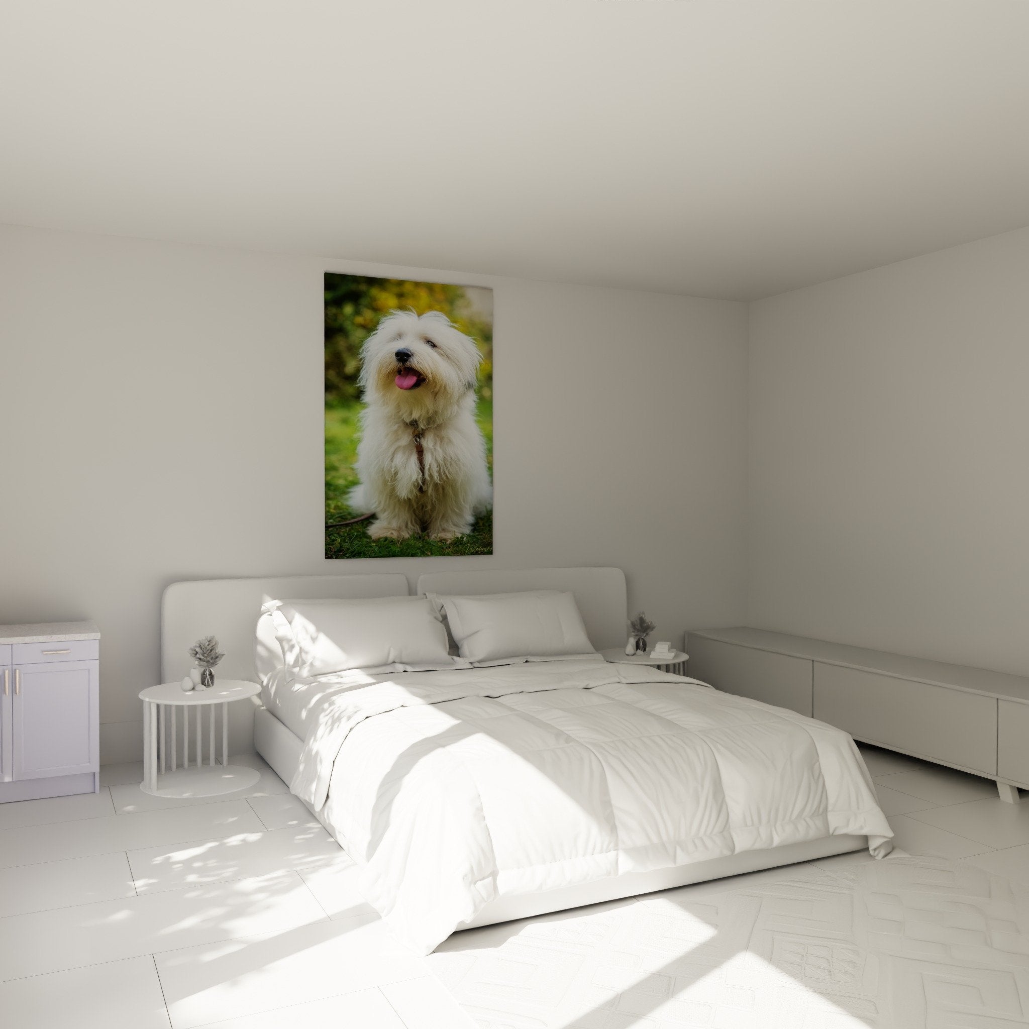 Coton de Tuléar weiß Schlafzimmer Wanddekoration Hundeporträt rosa Zunge sanfte Atmosphäre