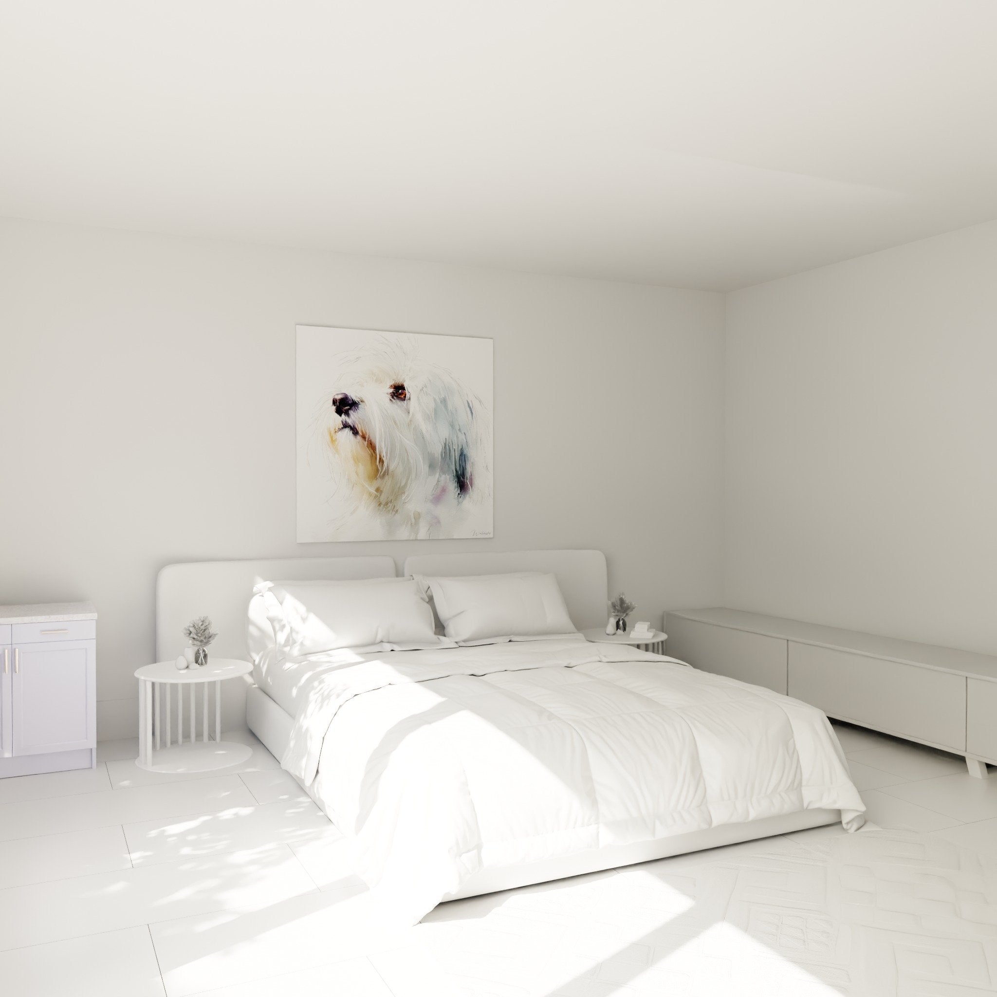 Aquarell-Gemälde Baumwolle von Tuléar dekoriert ein modernes Schlafzimmer in hellen Tönen