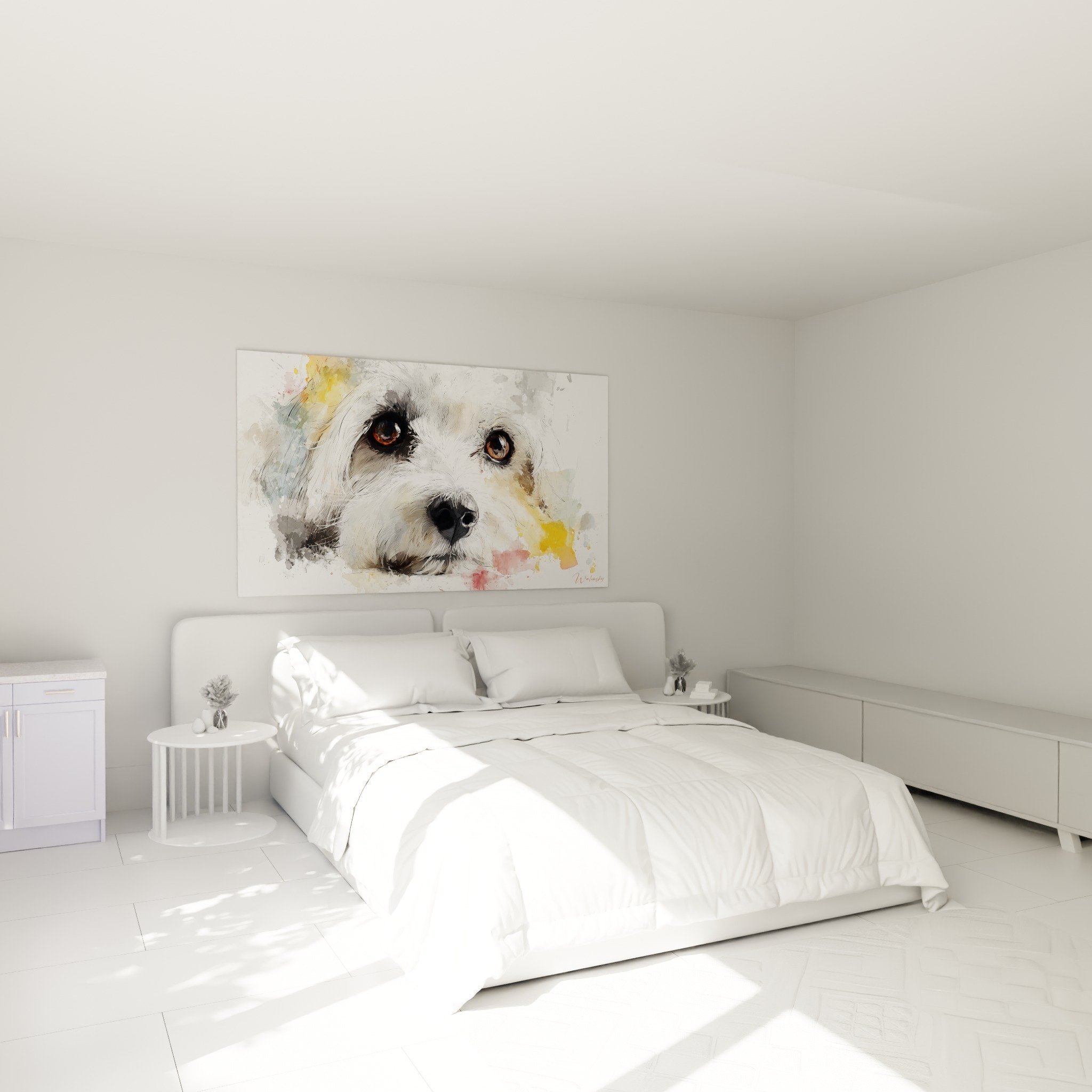 Tableau portrait Coton de Tulear dans chambre moderne aux murs blancs et mobilier scandinave