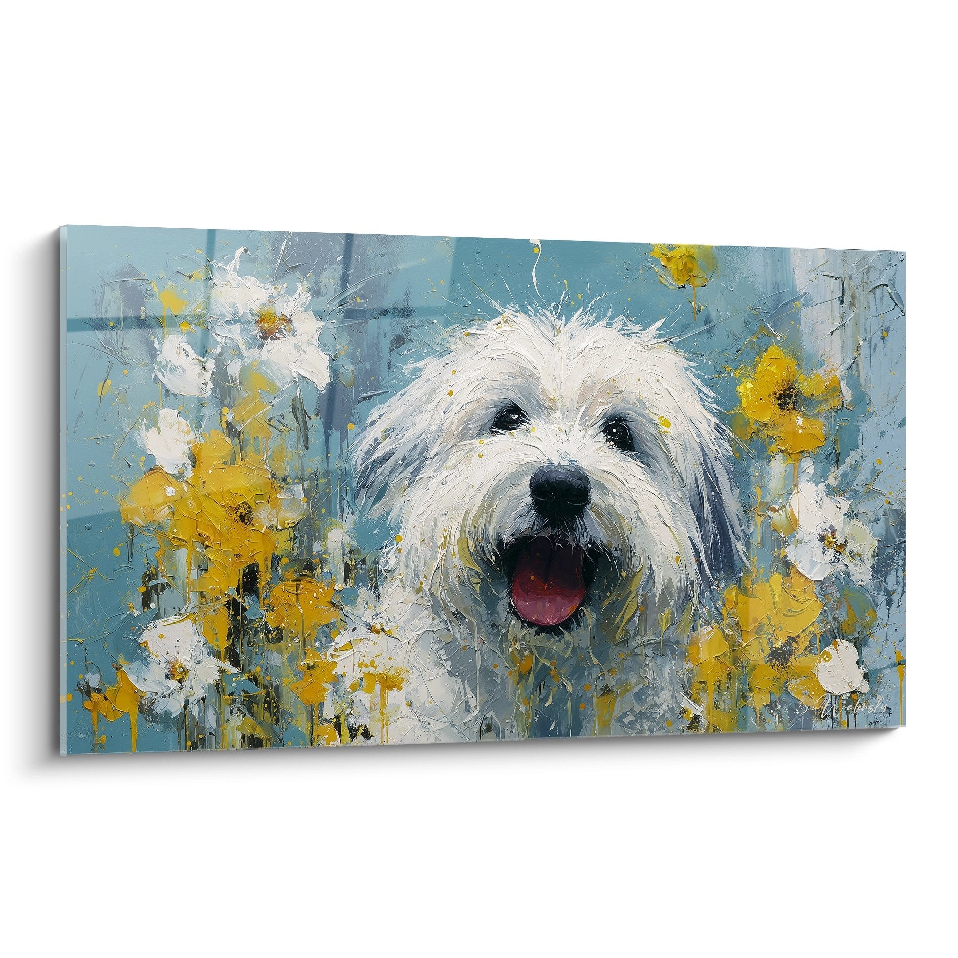 Tableau moderne Coton de Tulear souriant langue tiree fleurs jaunes eclaboussures peinture fond bleu