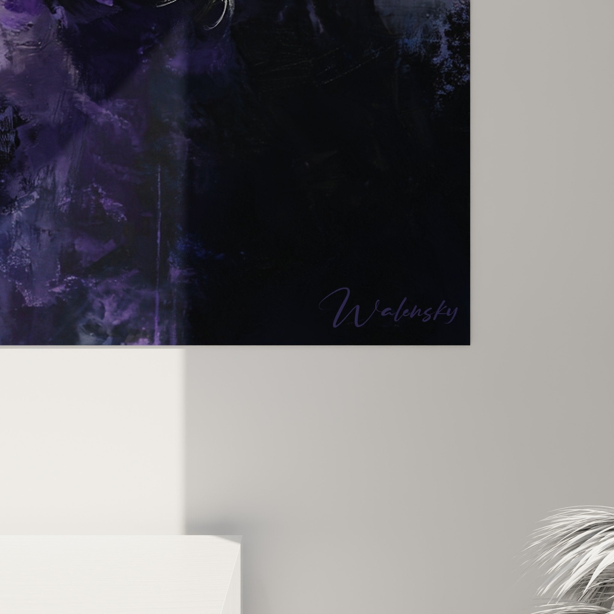 Vue ensemble tableau Coton de Tulear violet accroche murale salon decoration art animalier moderne