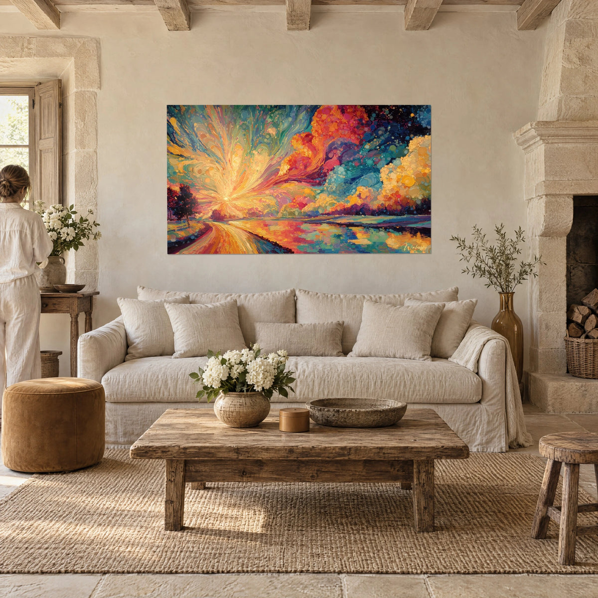Tableau soleil levant éclatant en pointillisme, rayons jaune et orange, ciel turquoise, femme de dos, au-dessus d'un canapé dans un salon lumineux