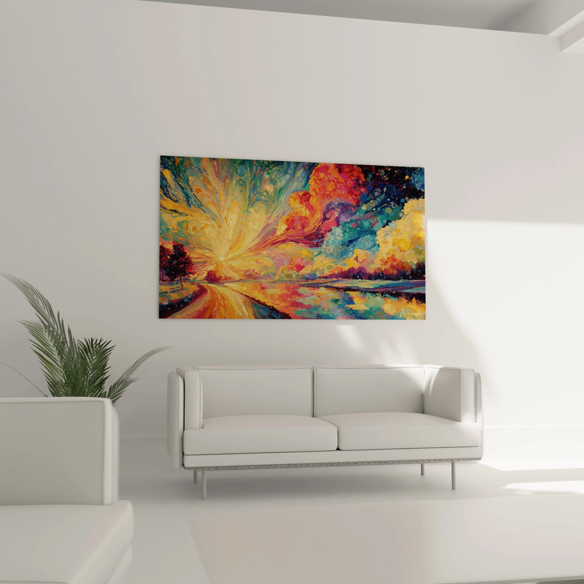 tableau pointillisme coucher de soleil Walensky mural montrant silhouettes marchant devant un ciel en flammes rouge et orange