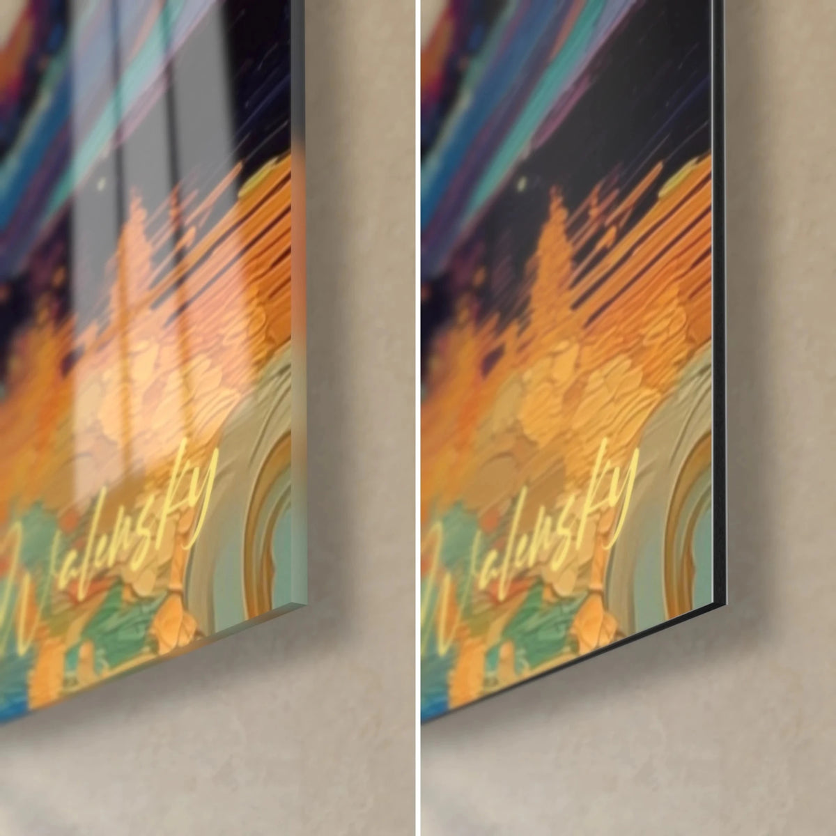 Tableau astre rayonnant en touches rondes orange et turquoise, coin bas droit, verre brillant à gauche, Dibond mat à droite