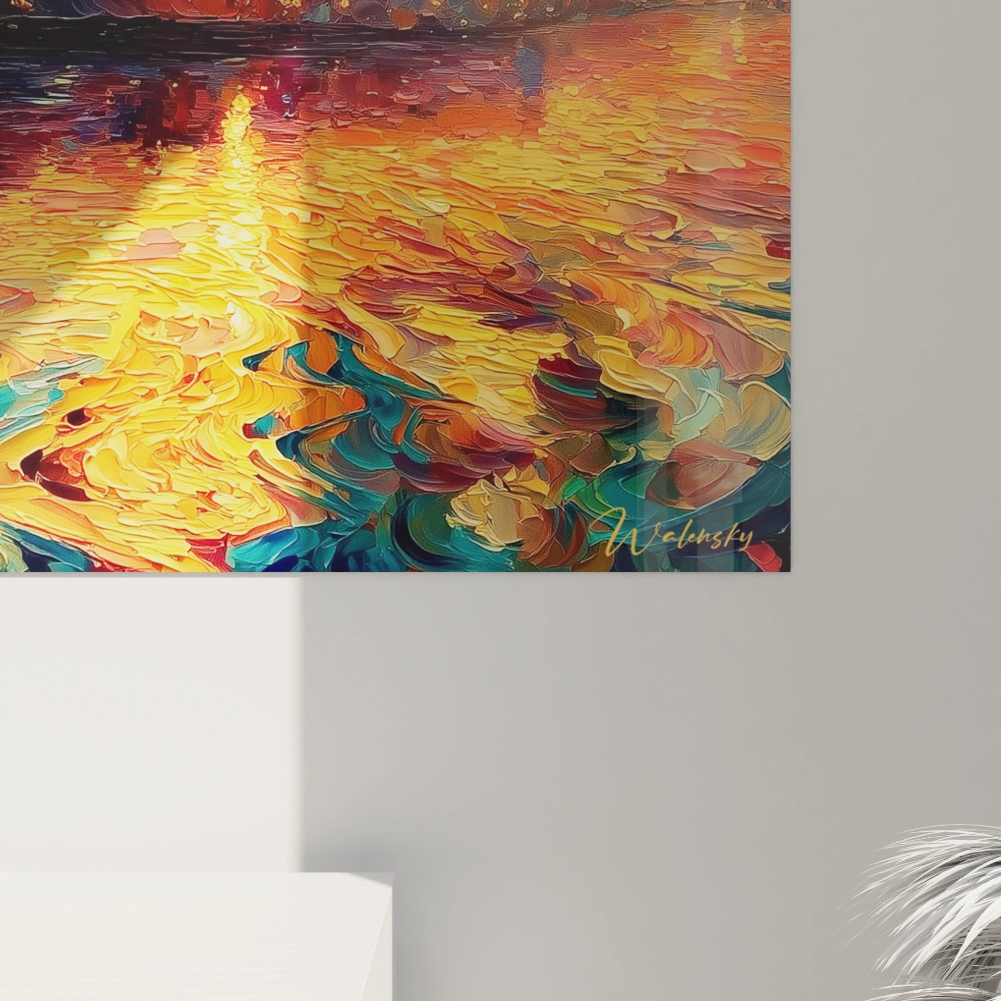 Tableau mural Walensky vibrant aux coups de couteau et reflets dorés sur l eau tableau coucher de soleil pointillisme