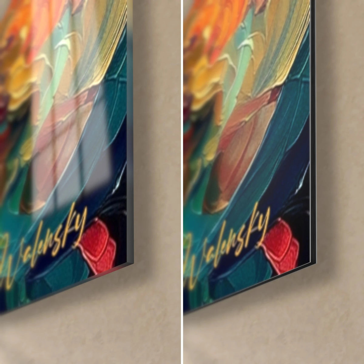 Wall art lakeside dusk with thick orange and teal impasto, golden Walensky signature, 3 mm edge, glossy glass and matte Dibond