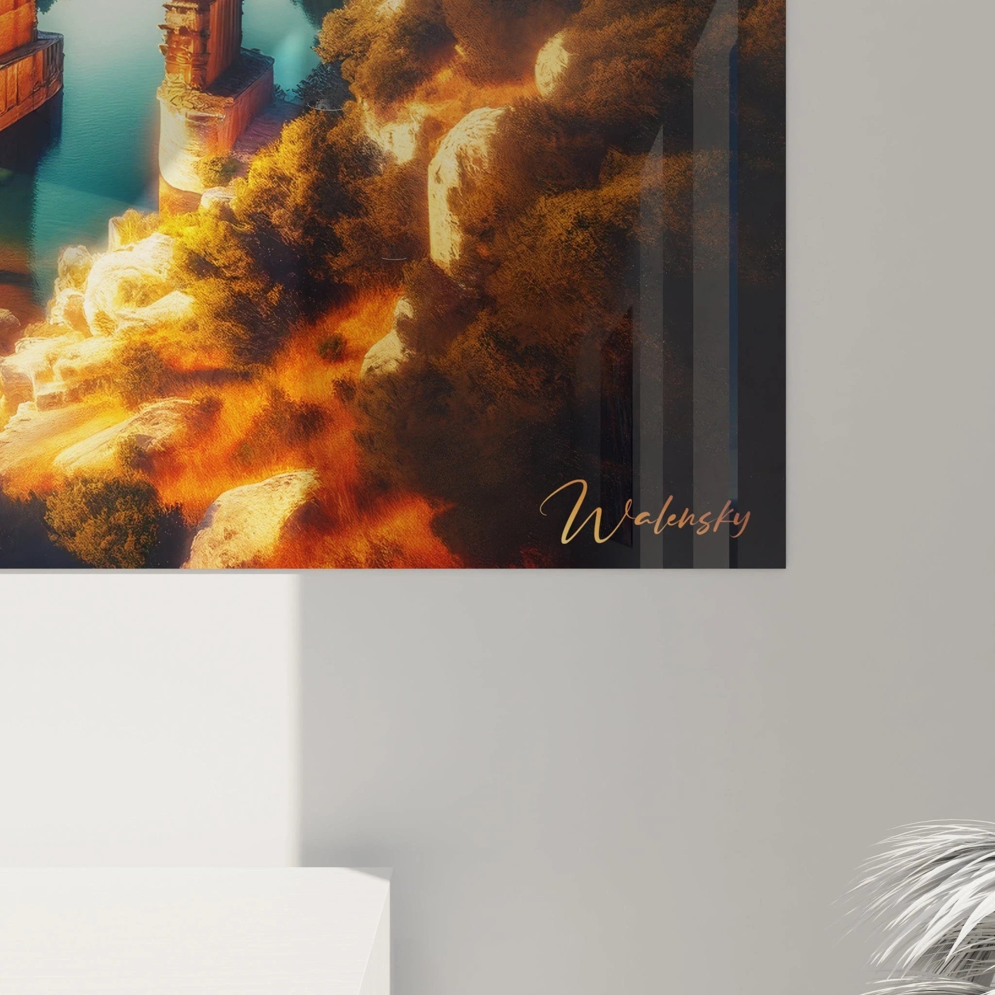 Un tableau paysage centré sur un ancien aqueduc traversant une vallée boisée, mêlant tons orange chaud, vert foncé, bleu clair, et textures de roche et d’eau lisse.